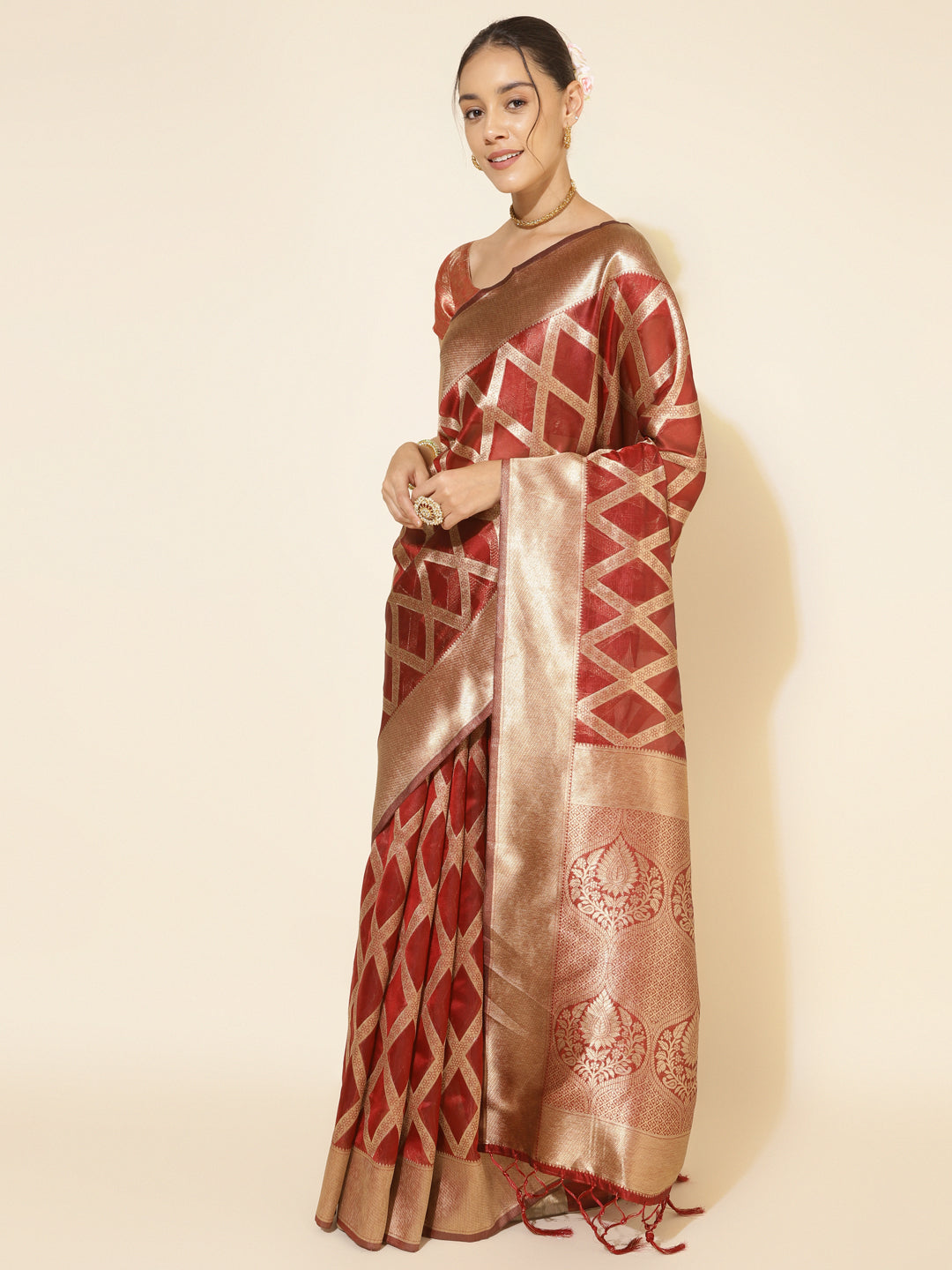 Janasya Maroon Organza Floral Grab2Buy 