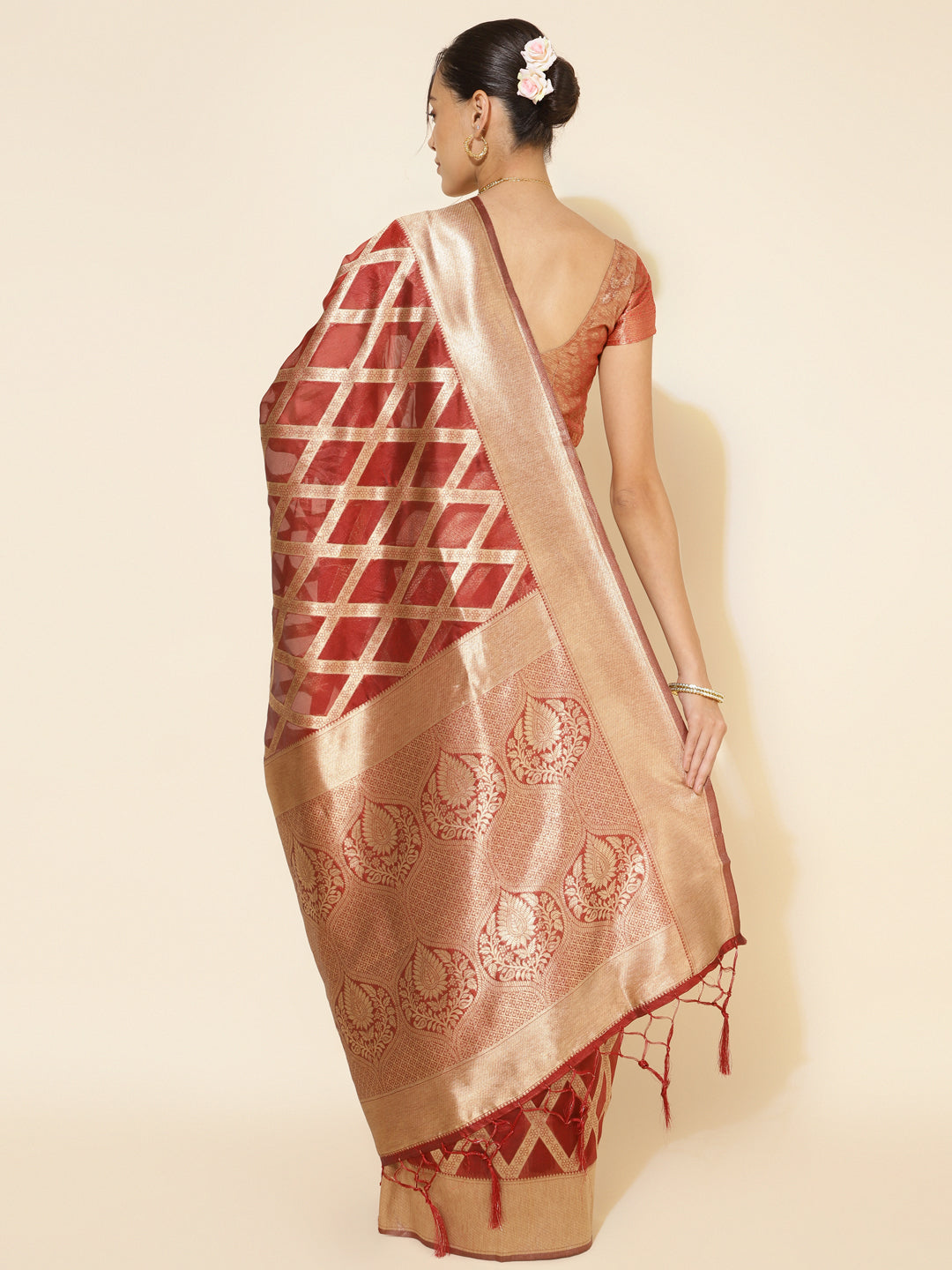 Janasya Maroon Organza Floral Grab2Buy 