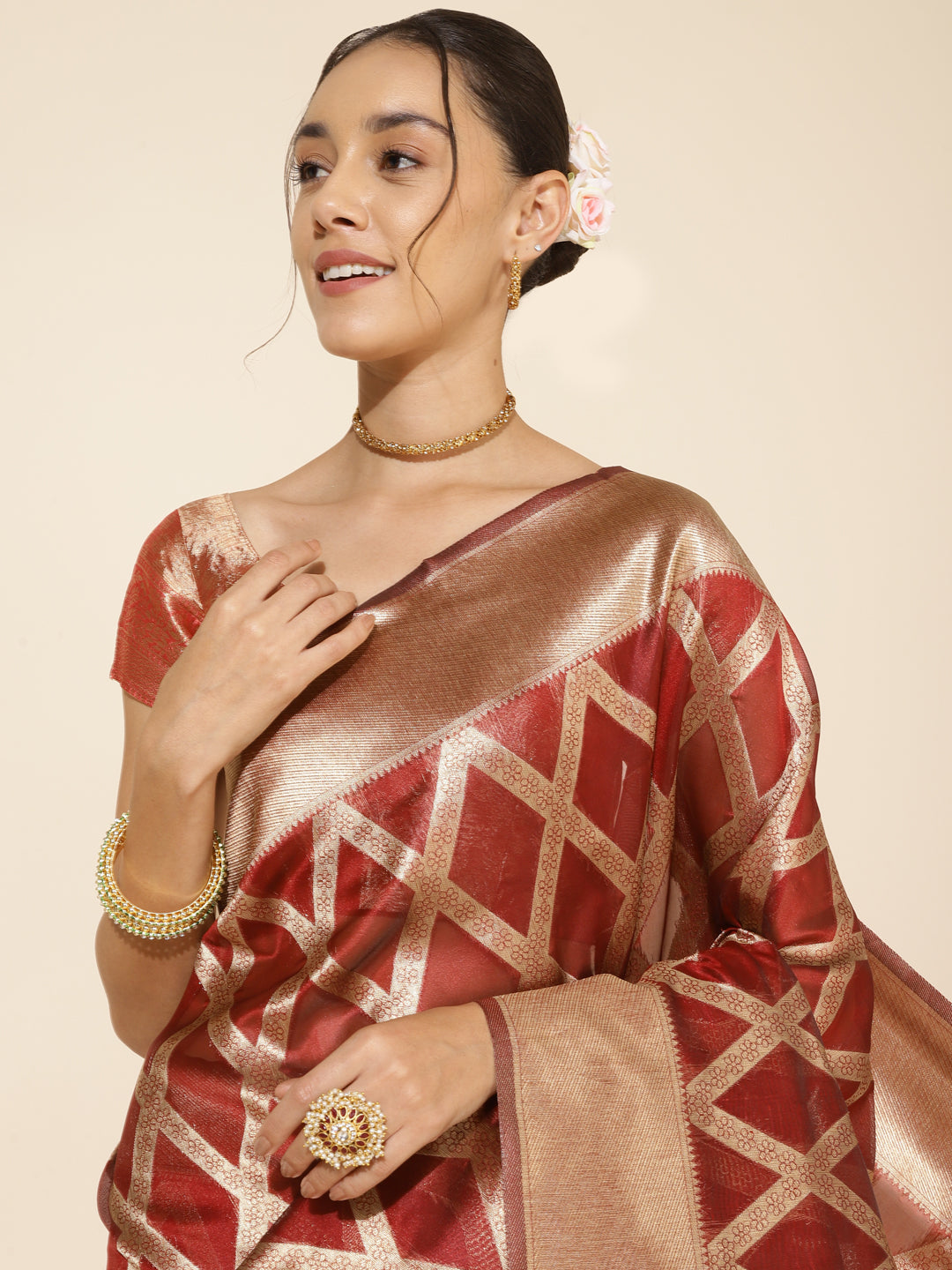 Janasya Maroon Organza Floral Grab2Buy 