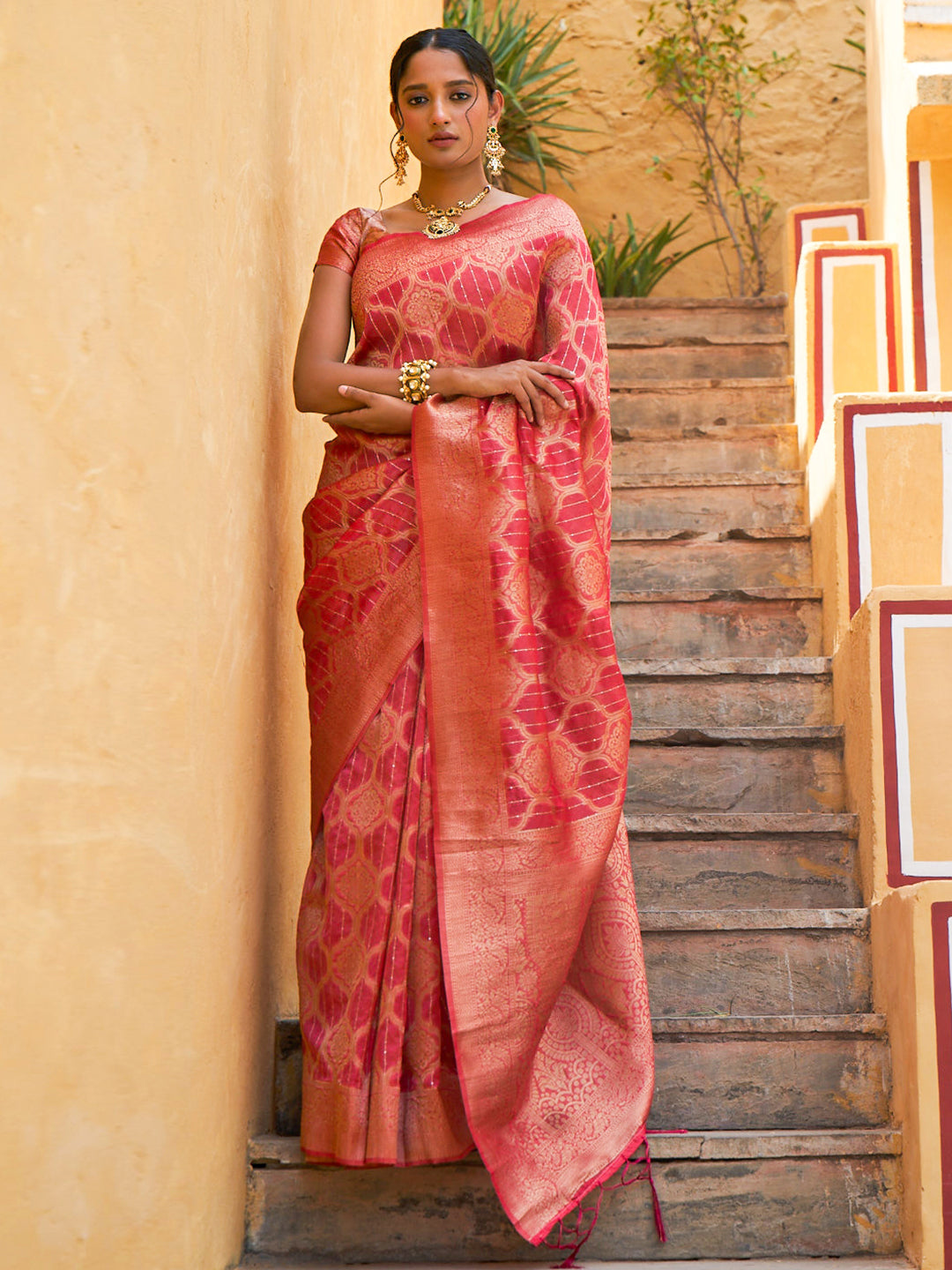 Janasya Pink Organza Woven Ethnic Motifs Kanjeevaram Grab2Buy 
