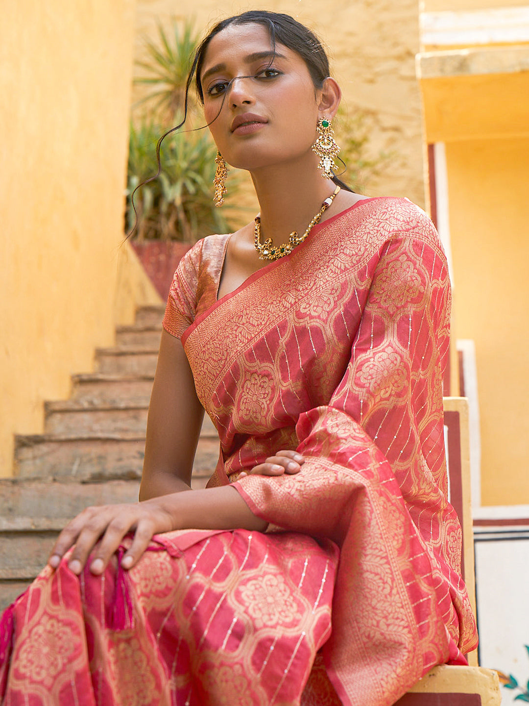 Janasya Pink Organza Woven Ethnic Motifs Kanjeevaram Grab2Buy 