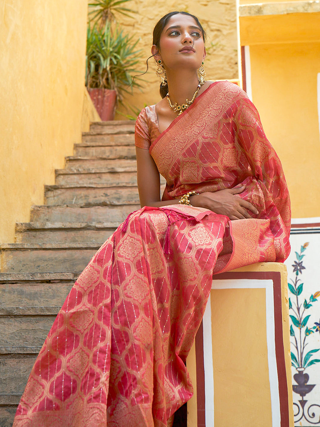 Janasya Pink Organza Woven Ethnic Motifs Kanjeevaram Grab2Buy 