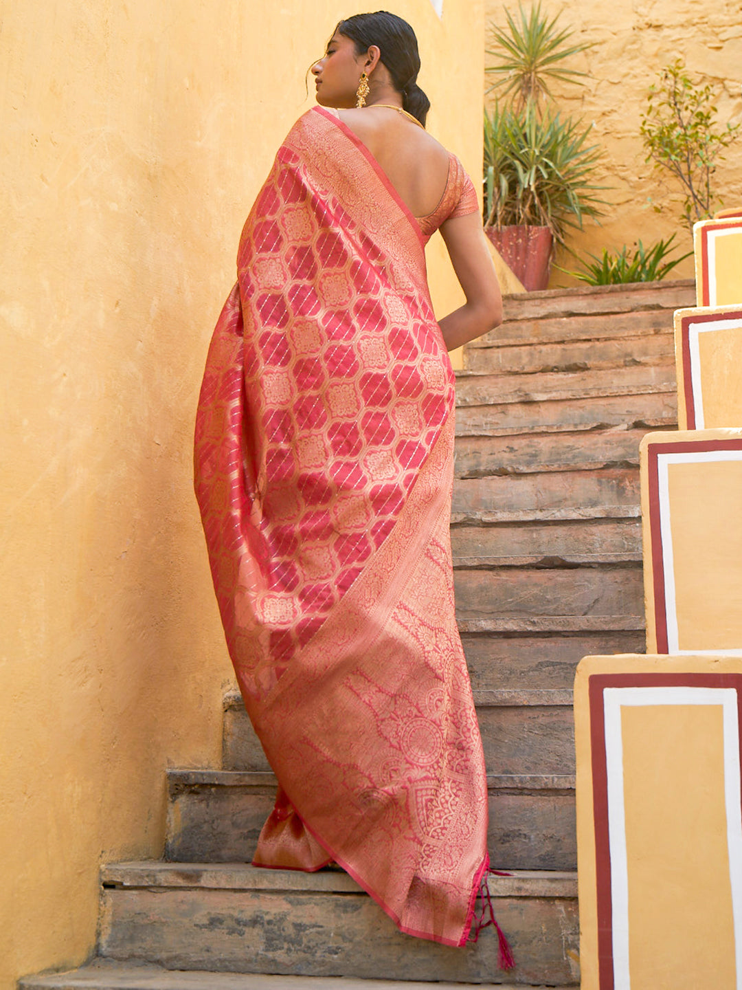 Janasya Pink Organza Woven Ethnic Motifs Kanjeevaram Grab2Buy 