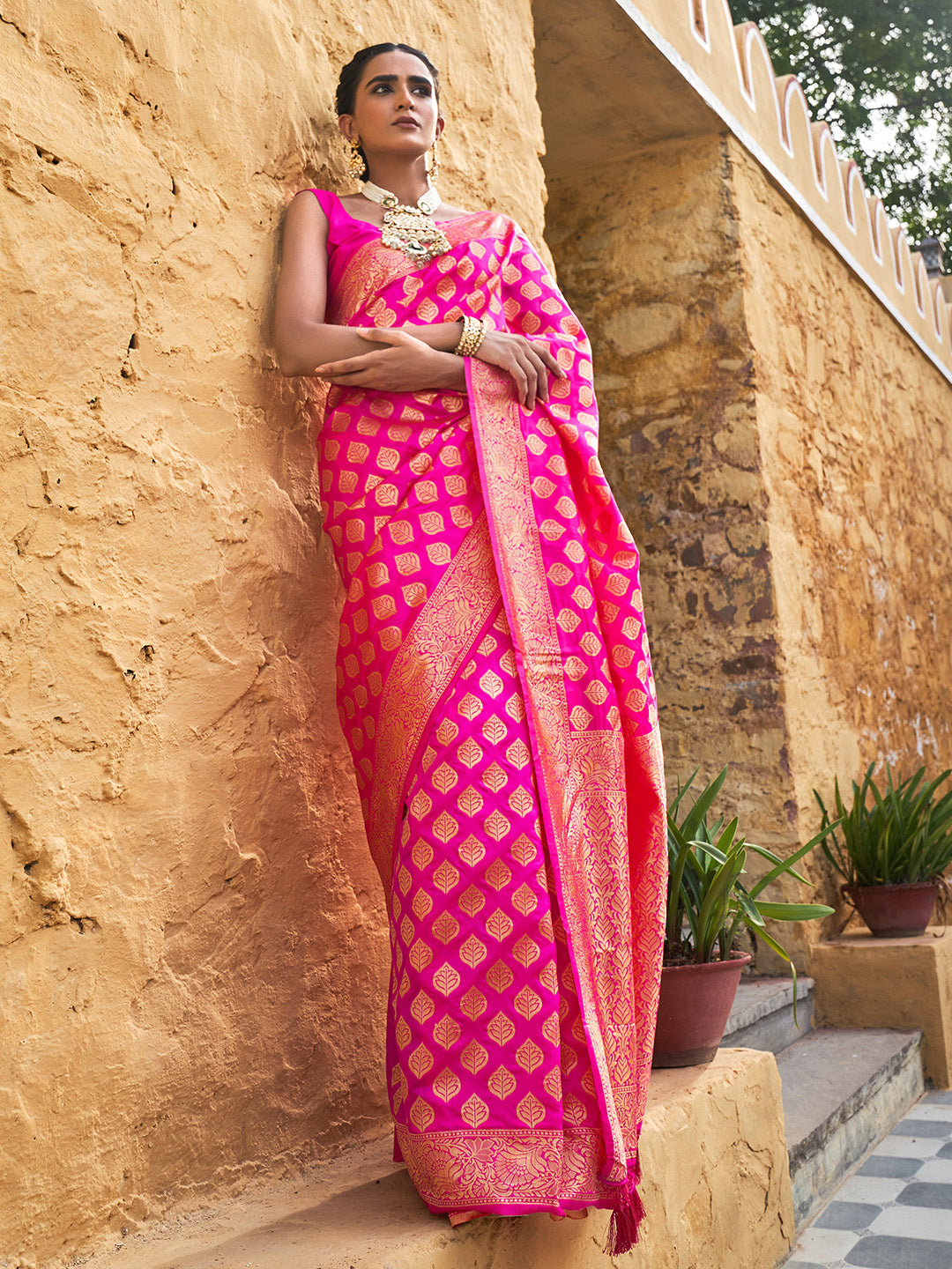 Janasya Rani Pink Banarasi Silk Ethnic Motifs Woven Design Grab2Buy 