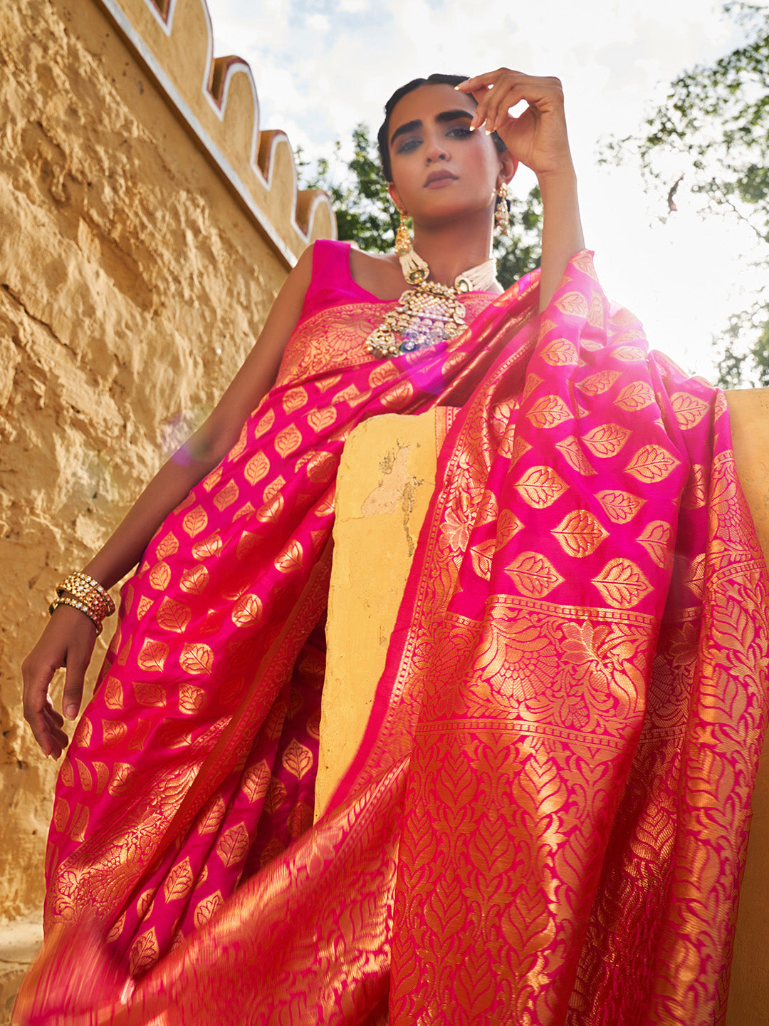 Janasya Rani Pink Banarasi Silk Ethnic Motifs Woven Design Grab2Buy 