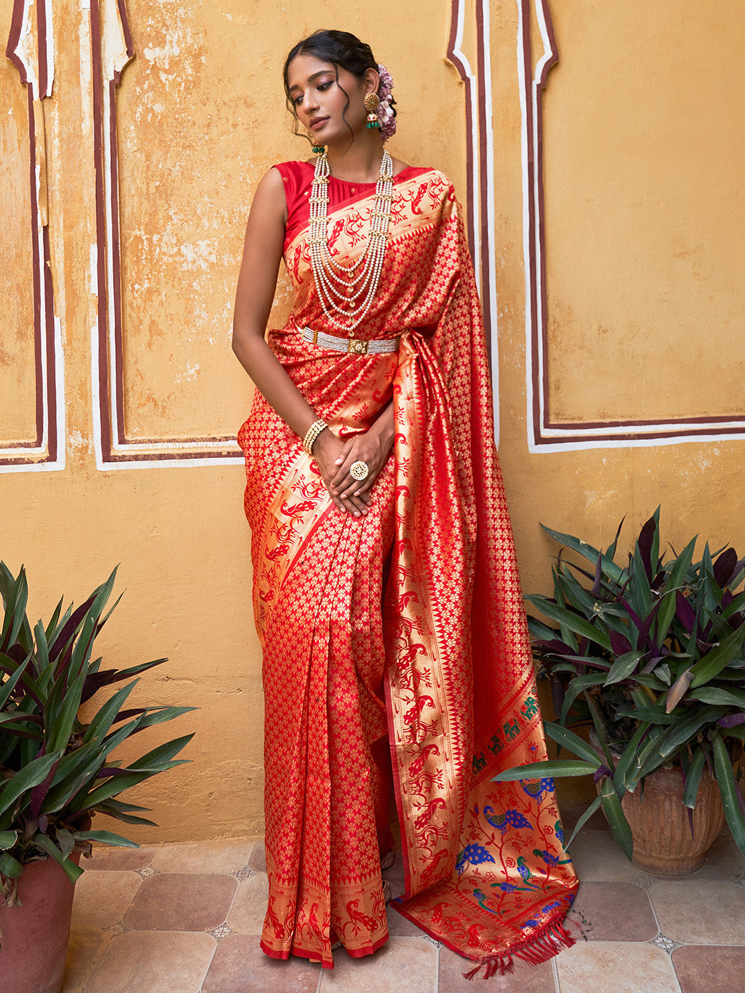Janasya Red Paithani Silk Woven Ethnic Motifs Paithani Silk Grab2Buy 