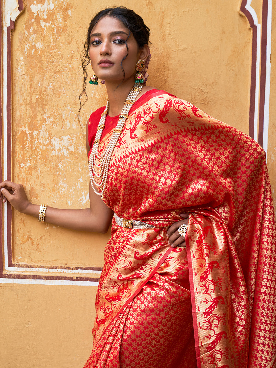 Janasya Red Paithani Silk Woven Ethnic Motifs Paithani Silk Grab2Buy 