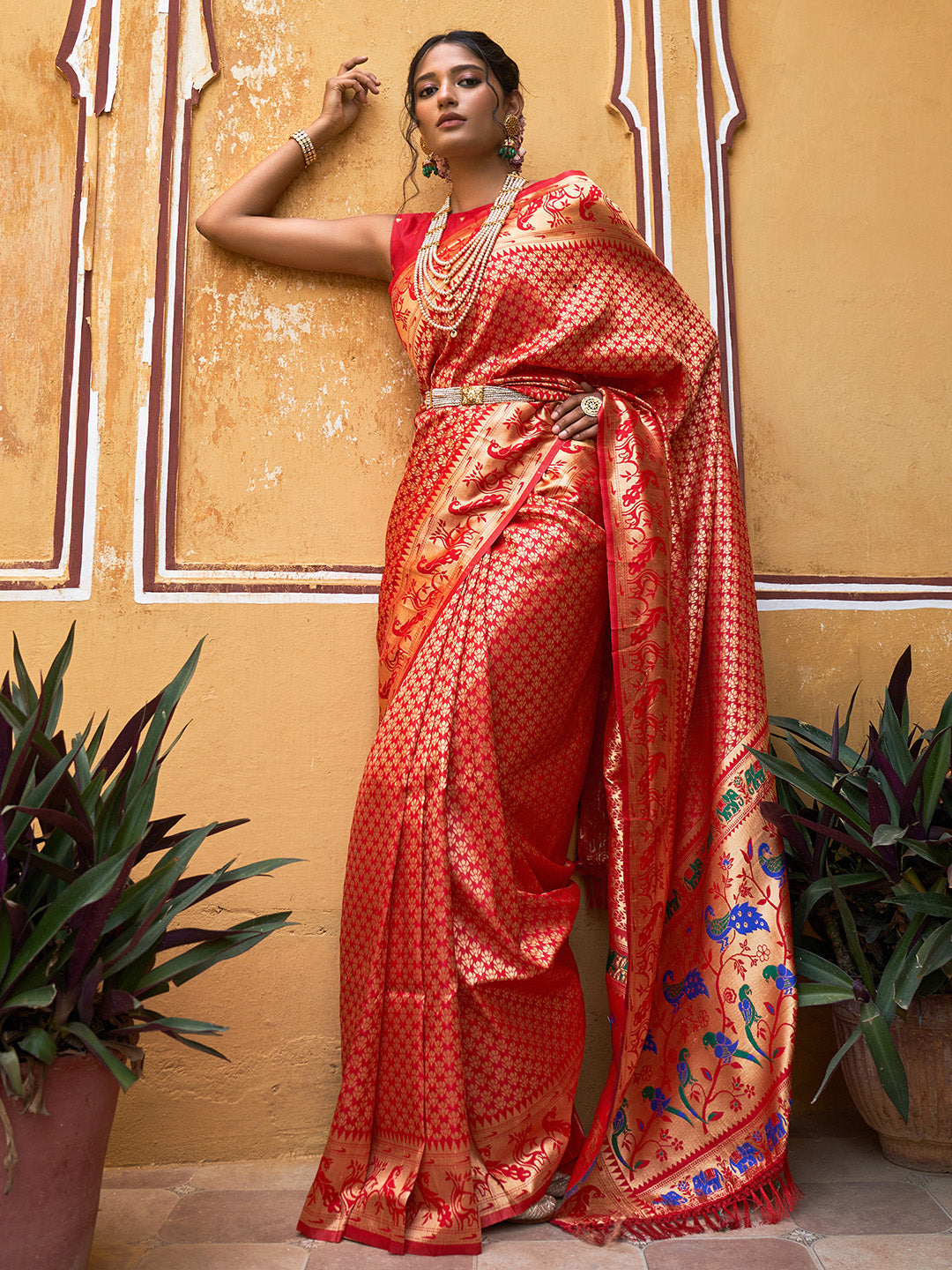 Janasya Red Paithani Silk Woven Ethnic Motifs Paithani Silk Grab2Buy 