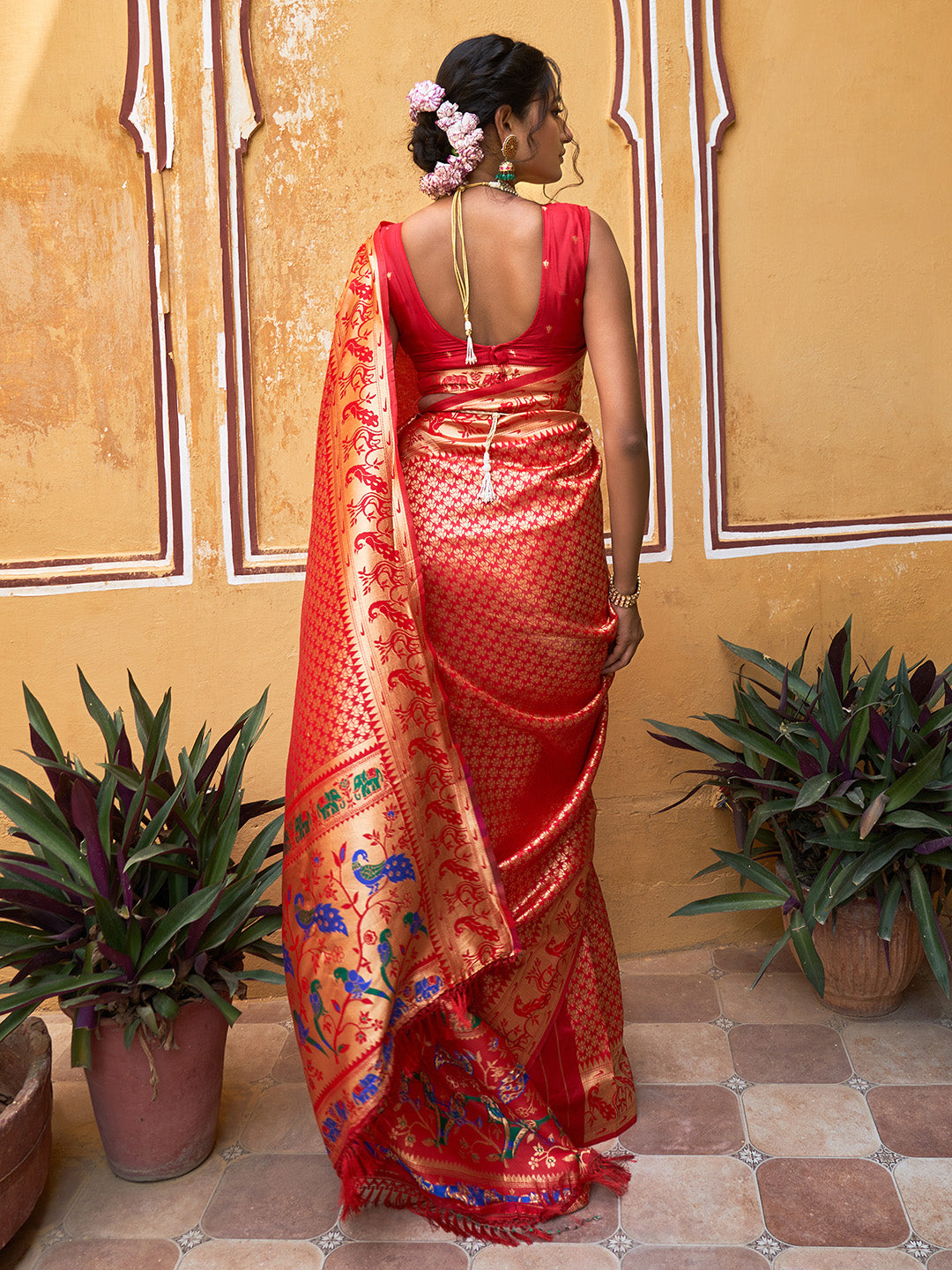 Janasya Red Paithani Silk Woven Ethnic Motifs Paithani Silk Grab2Buy 