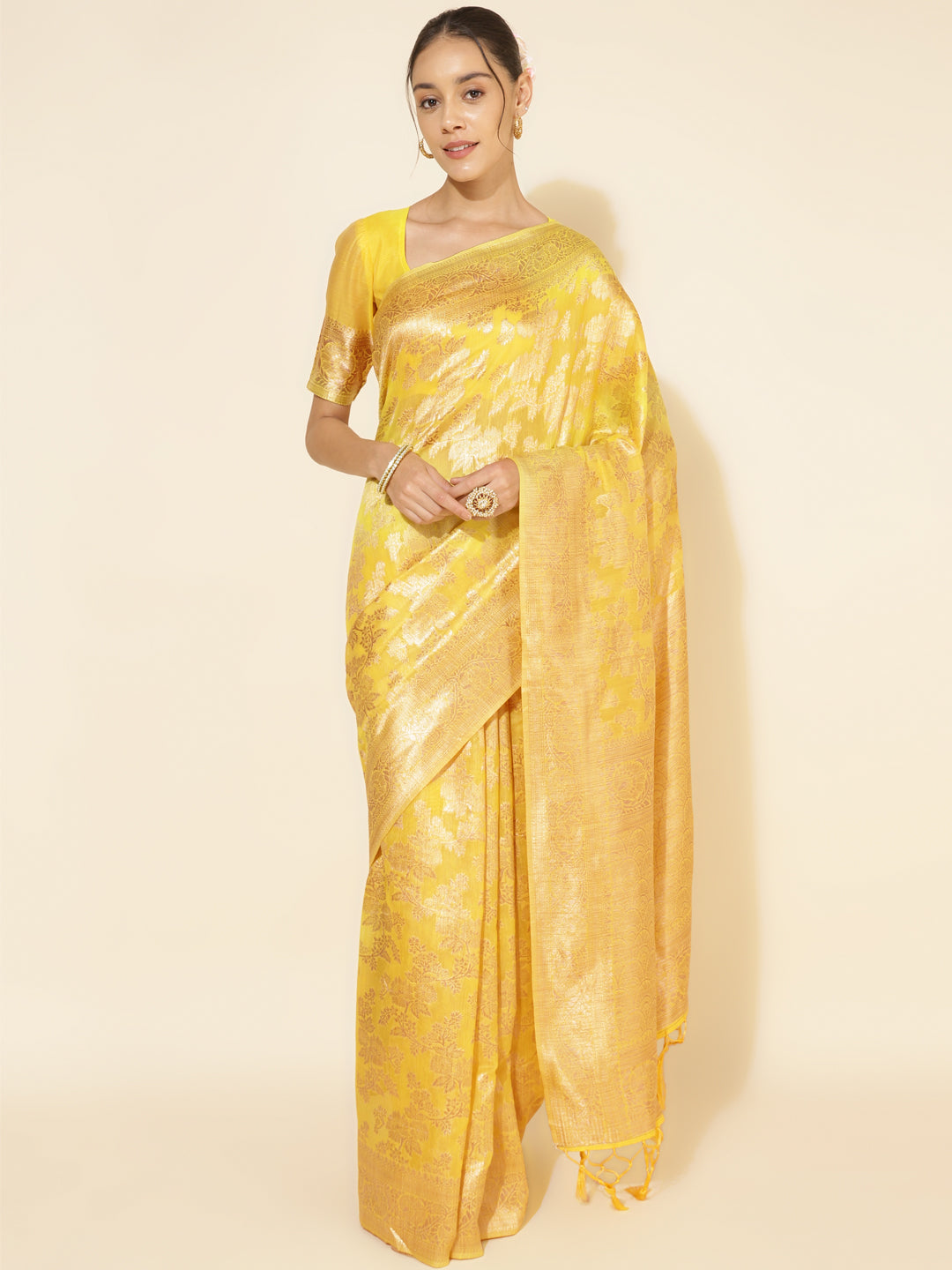 Janasya Yellow Chanderi Silk Floral Woven Design Grab2Buy 