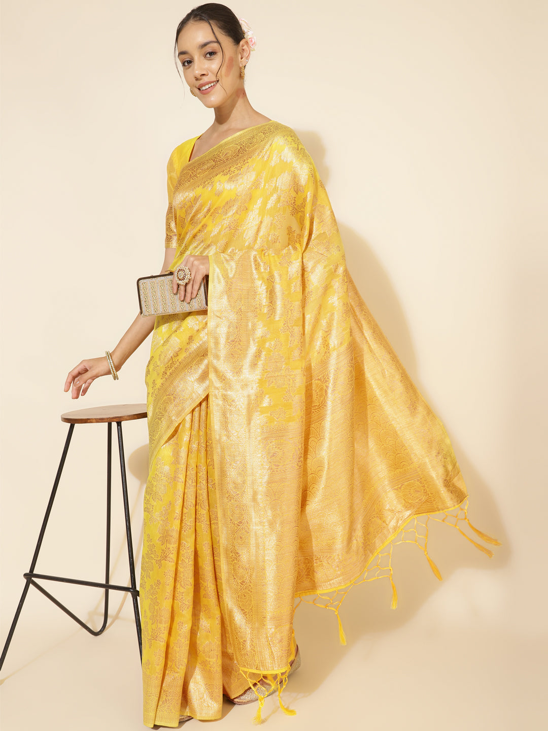 Janasya Yellow Chanderi Silk Floral Woven Design Grab2Buy 