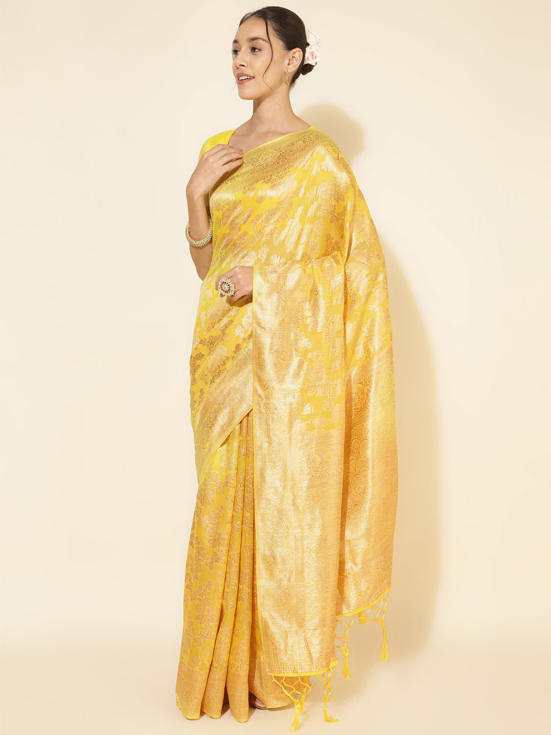 Janasya Yellow Chanderi Silk Floral Woven Design Grab2Buy 