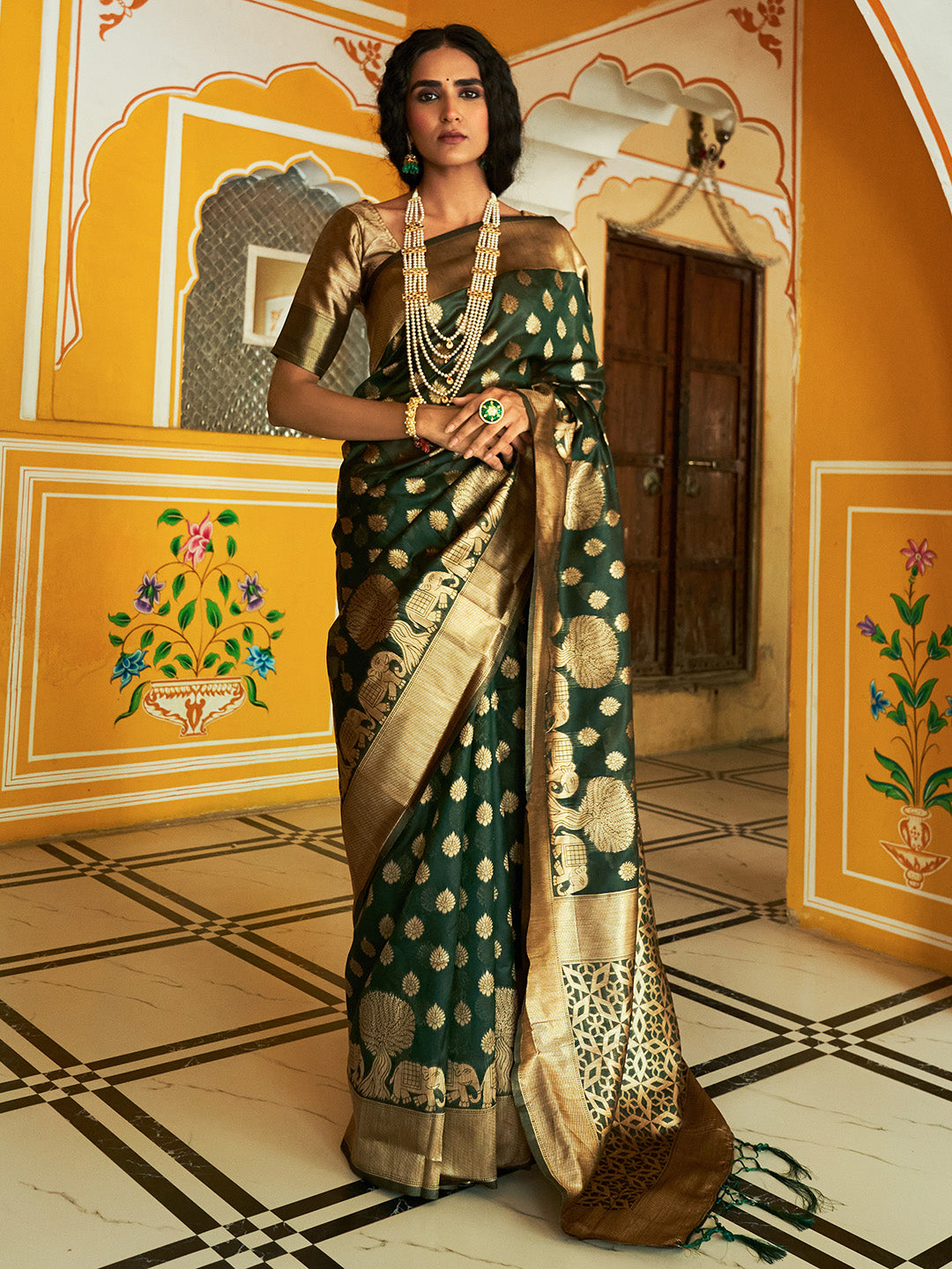 Janasya Dark Green Organza Woven Ethnic Motifs Kanjeevaram Grab2Buy 