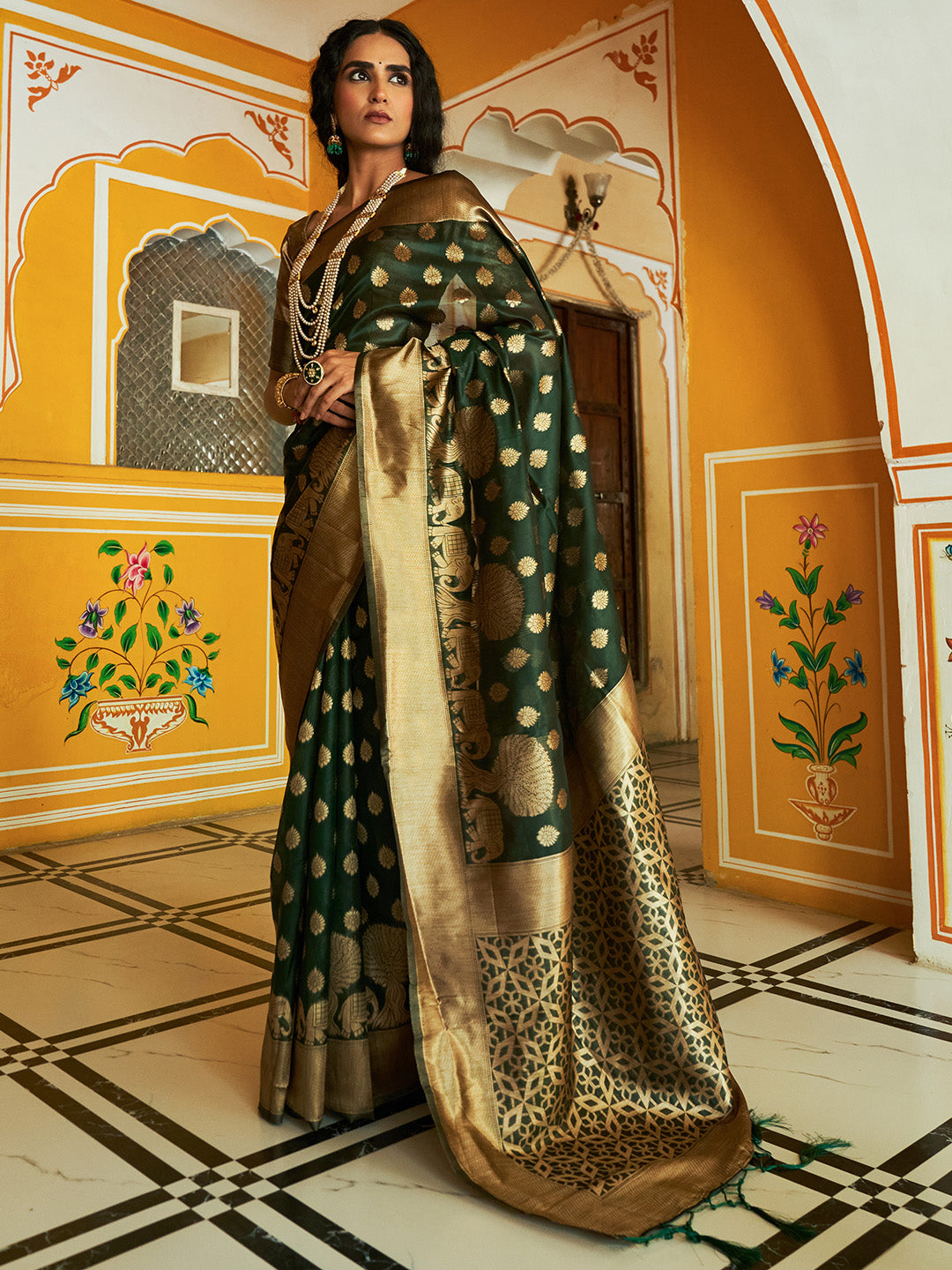 Janasya Dark Green Organza Woven Ethnic Motifs Kanjeevaram Grab2Buy 