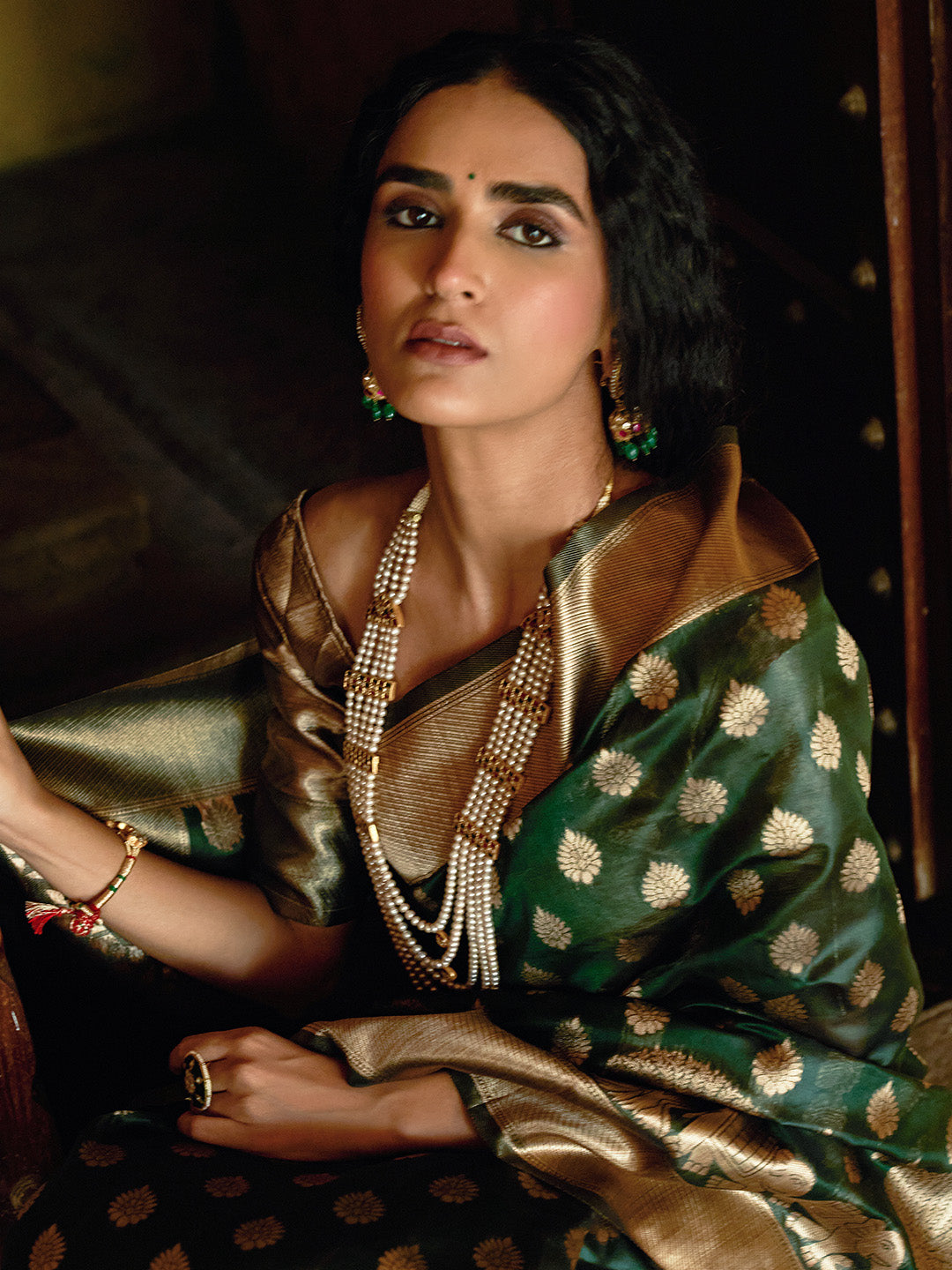 Janasya Dark Green Organza Woven Ethnic Motifs Kanjeevaram Grab2Buy 