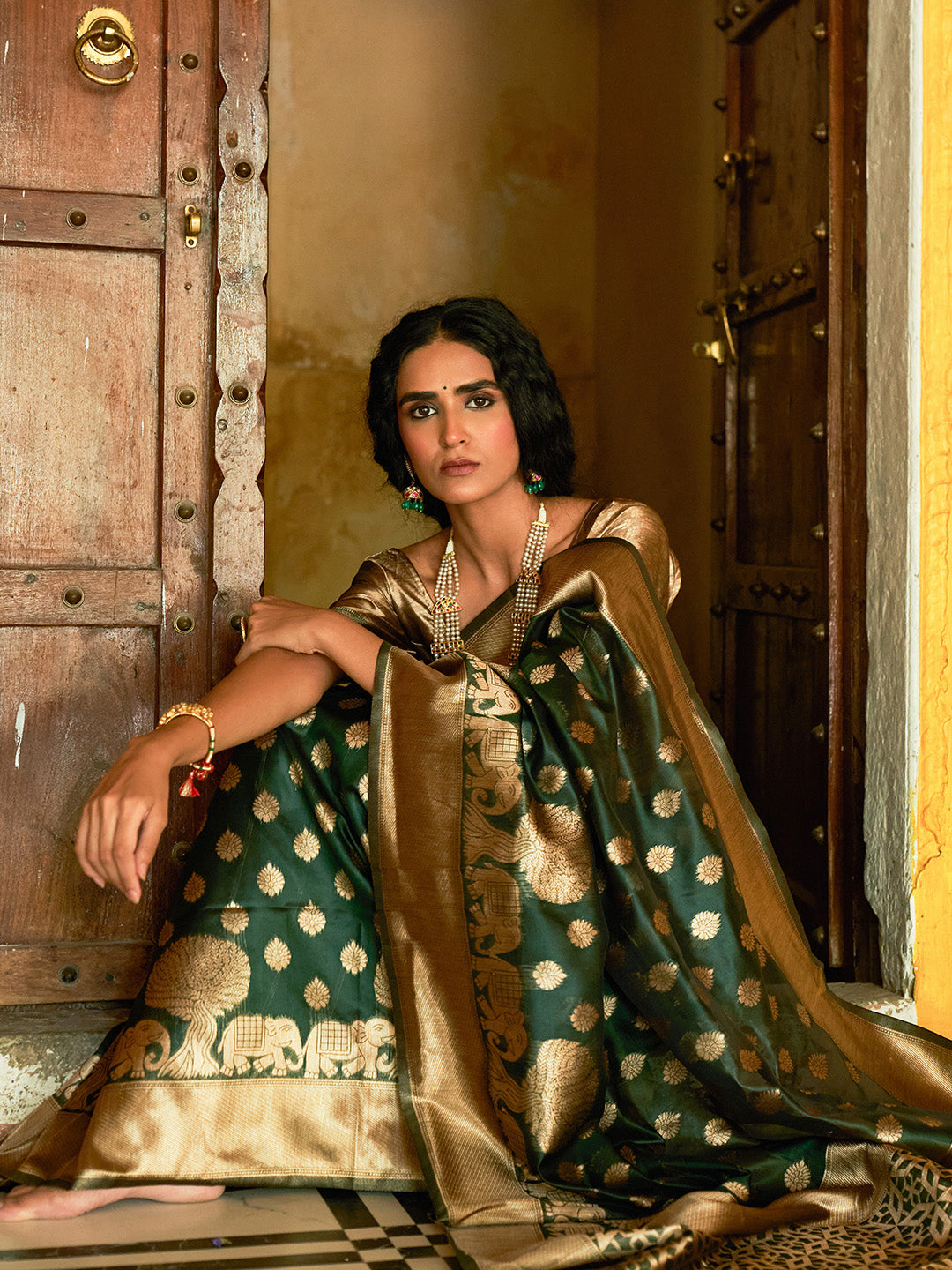 Janasya Dark Green Organza Woven Ethnic Motifs Kanjeevaram Grab2Buy 