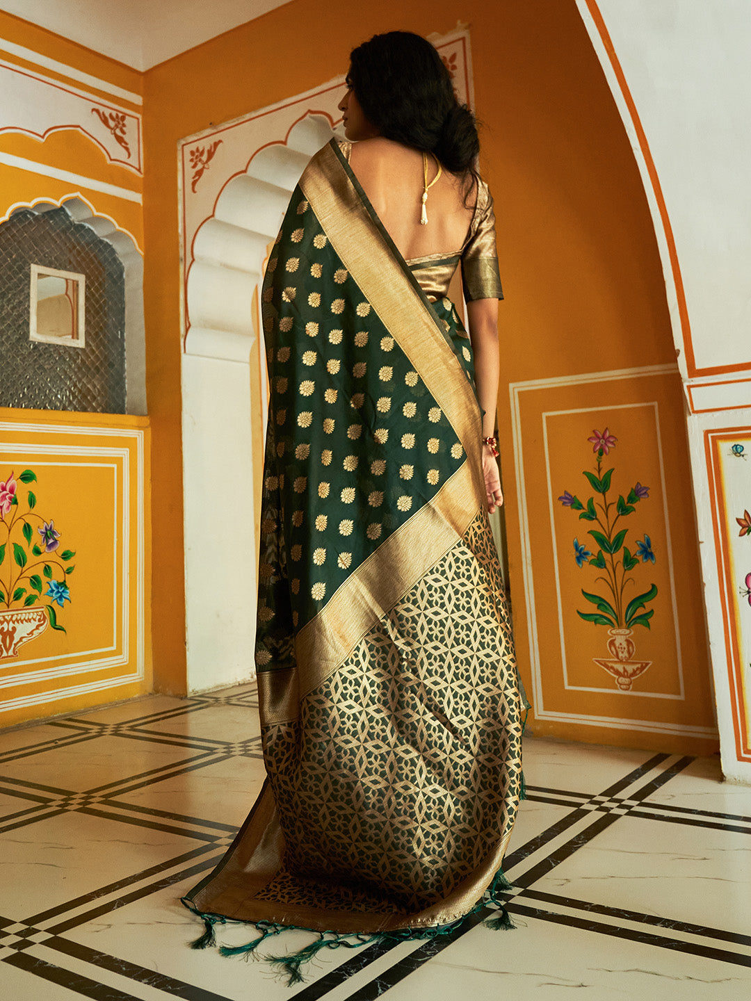 Janasya Dark Green Organza Woven Ethnic Motifs Kanjeevaram Grab2Buy 