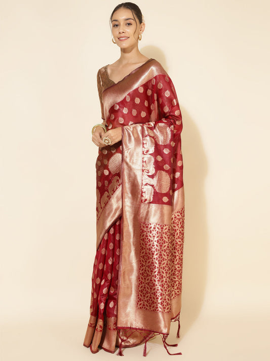 Janasya Maroon Organza Woven Ethnic Motifs Kanjeevaram Grab2Buy 