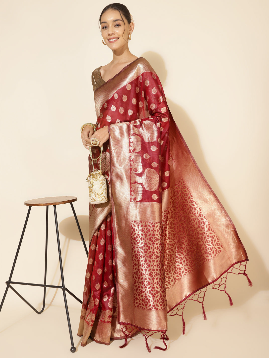 Janasya Maroon Organza Woven Ethnic Motifs Kanjeevaram Grab2Buy 