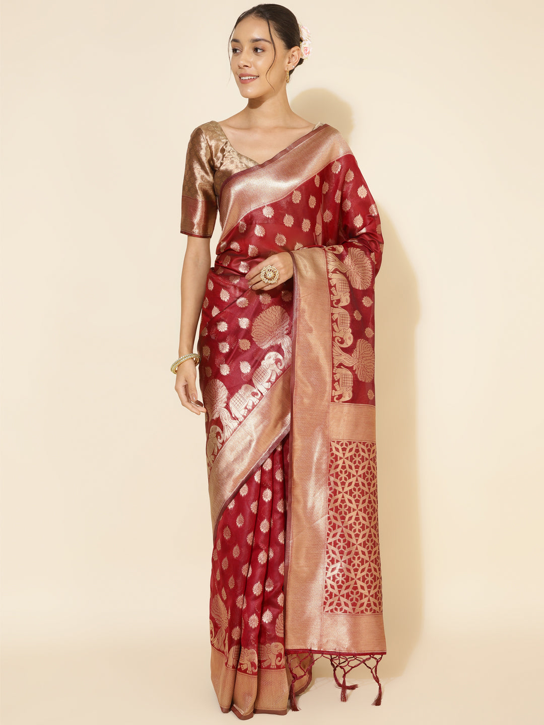 Janasya Maroon Organza Woven Ethnic Motifs Kanjeevaram Grab2Buy 