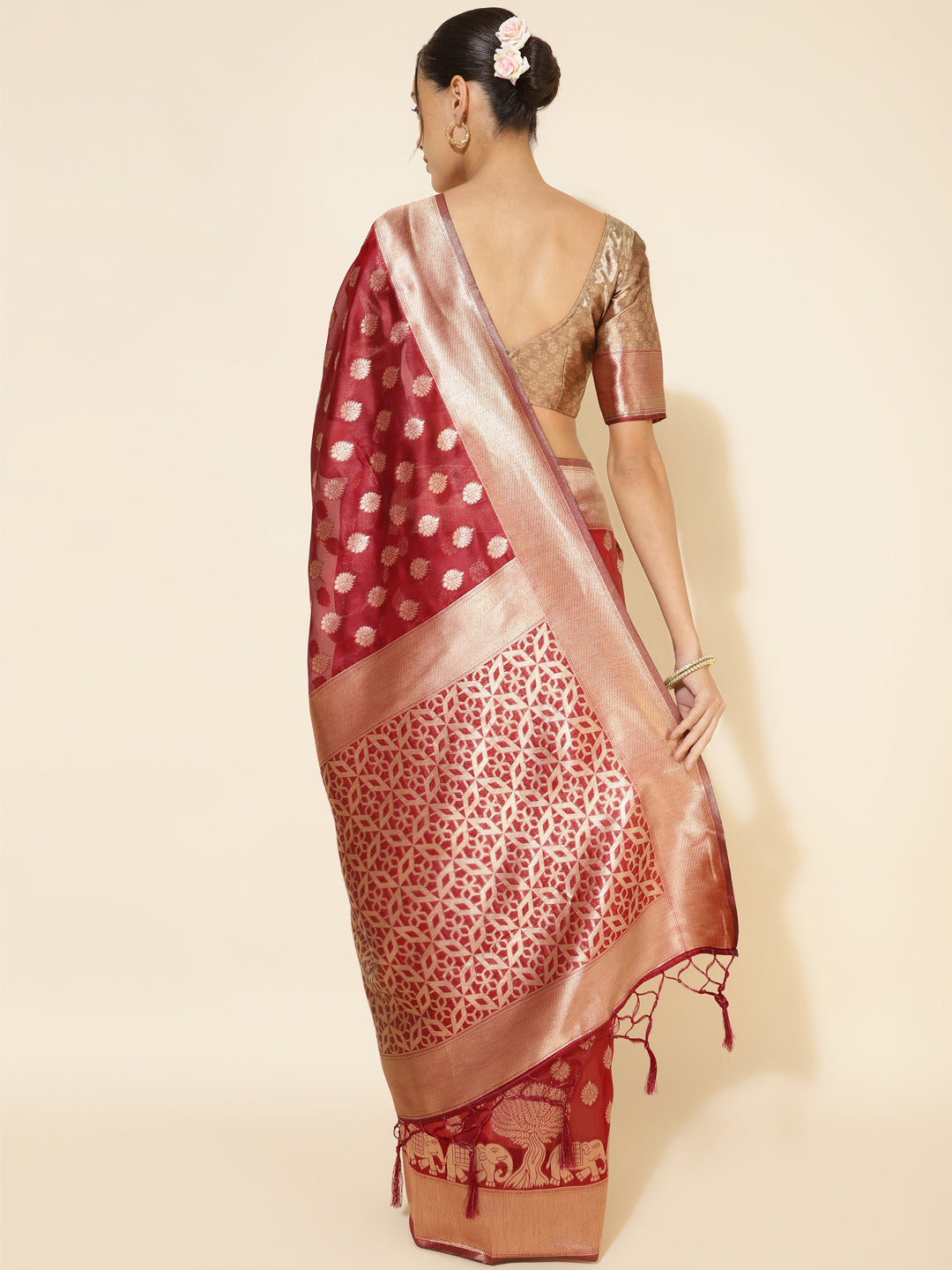 Janasya Maroon Organza Woven Ethnic Motifs Kanjeevaram Grab2Buy 