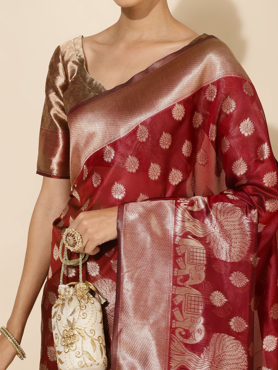 Janasya Maroon Organza Woven Ethnic Motifs Kanjeevaram Grab2Buy 