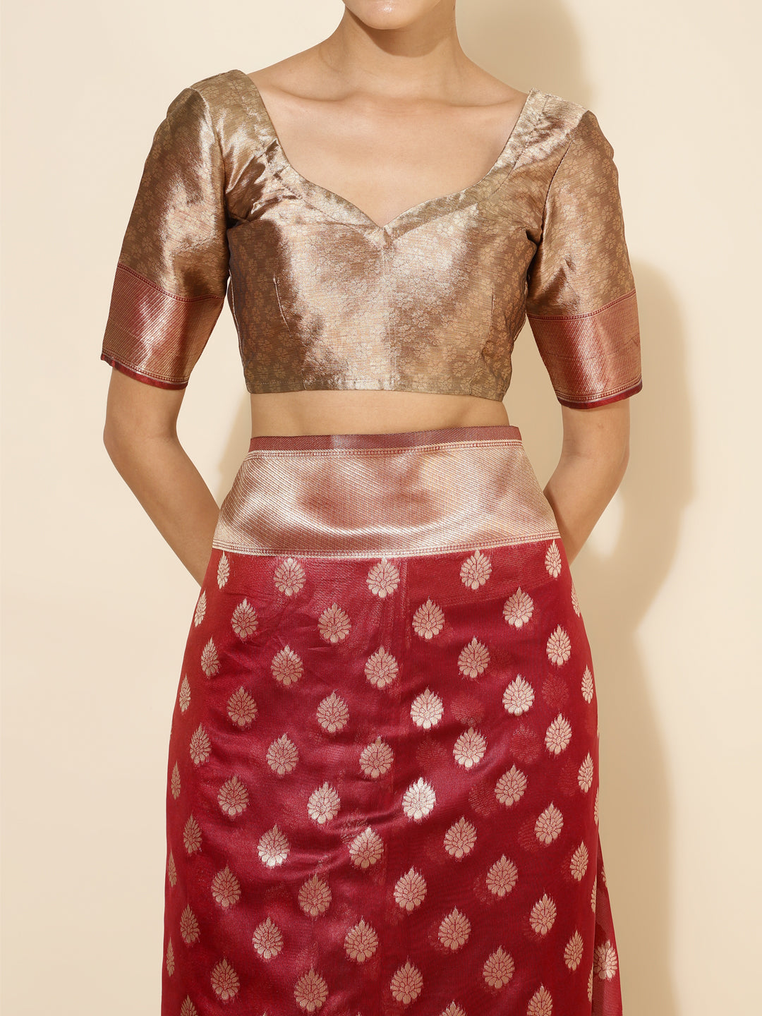 Janasya Maroon Organza Woven Ethnic Motifs Kanjeevaram Grab2Buy 