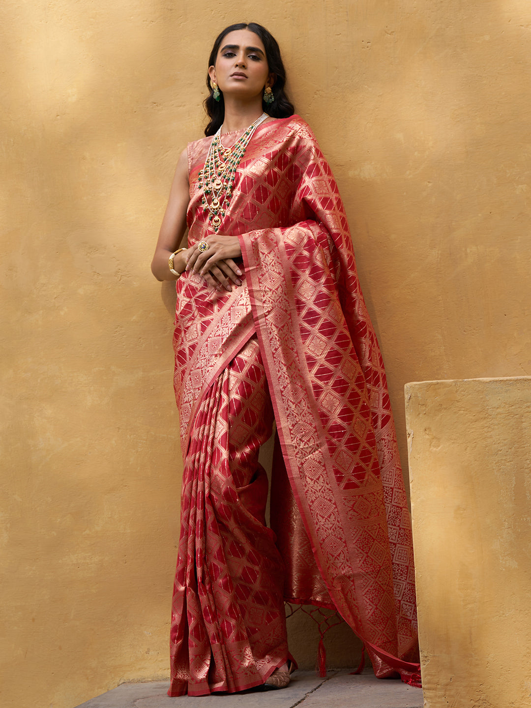 Janasya Red Organza Woven Ethnic Motifs Kanjeevaram Grab2Buy 