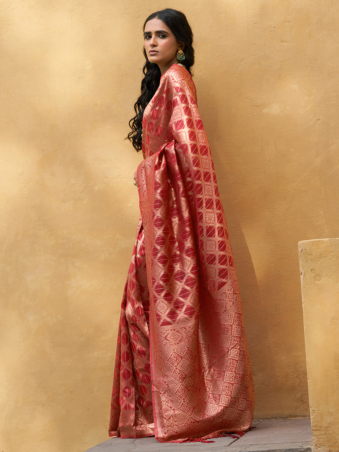 Janasya Red Organza Woven Ethnic Motifs Kanjeevaram Grab2Buy 