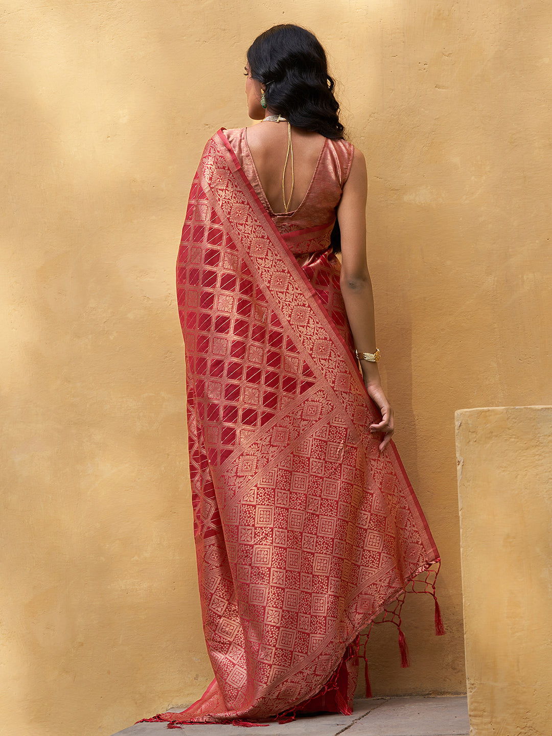 Janasya Red Organza Woven Ethnic Motifs Kanjeevaram Grab2Buy 