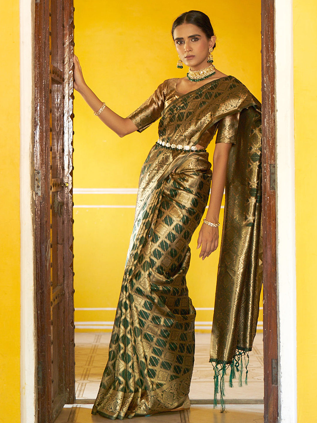 Janasya Dark Green Organza Woven Ethnic Motifs Kanjeevaram Grab2Buy 