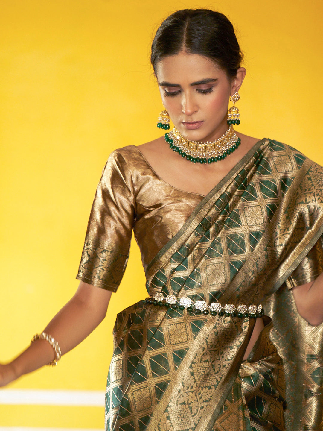 Janasya Dark Green Organza Woven Ethnic Motifs Kanjeevaram Grab2Buy 
