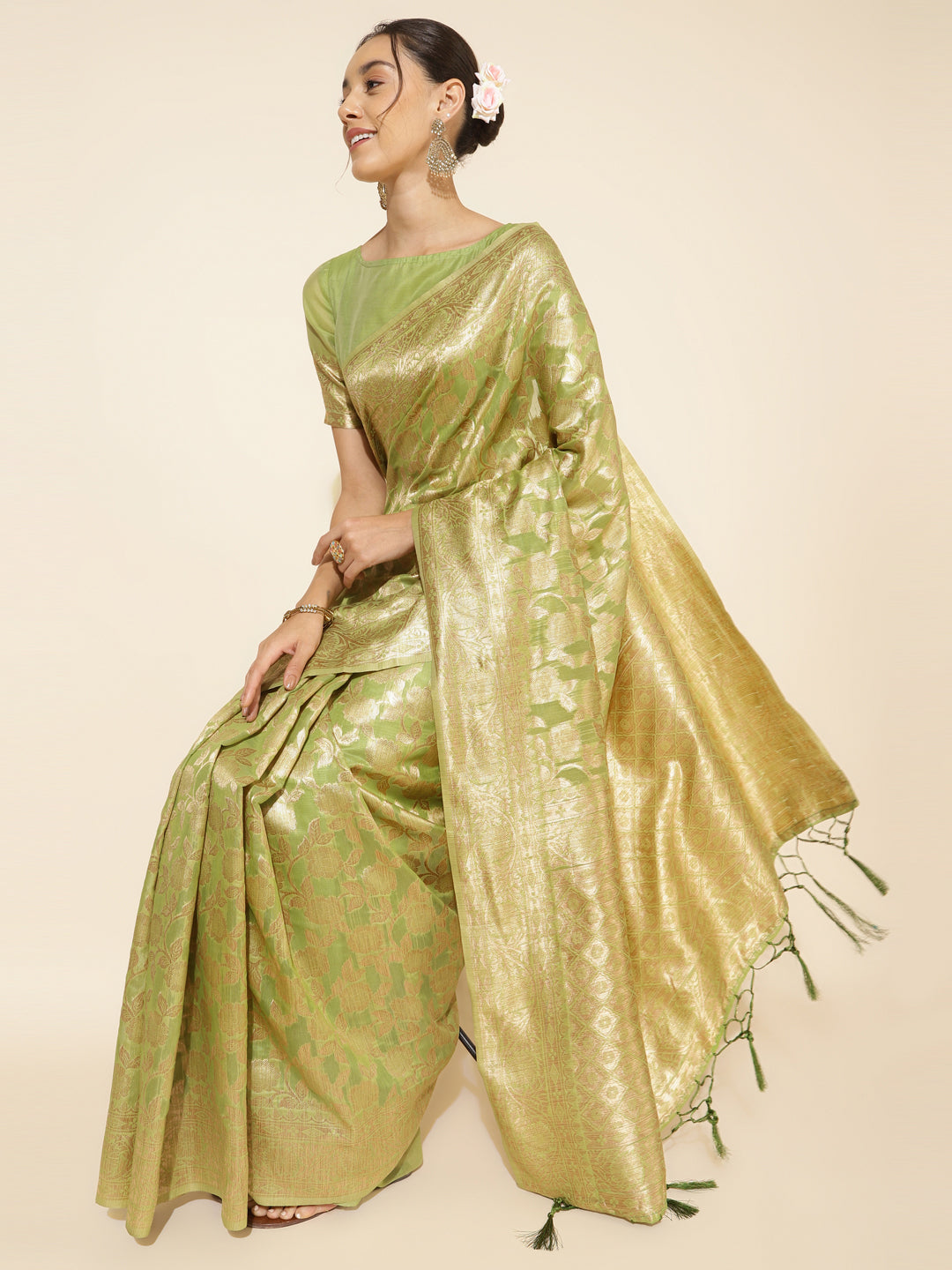 Janasya Light Green Chanderi Silk Floral Woven Design Grab2Buy 