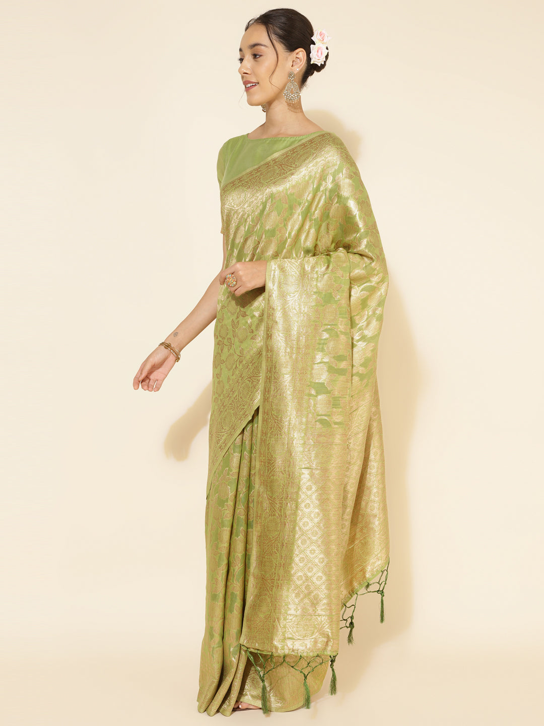 Janasya Light Green Chanderi Silk Floral Woven Design Grab2Buy 