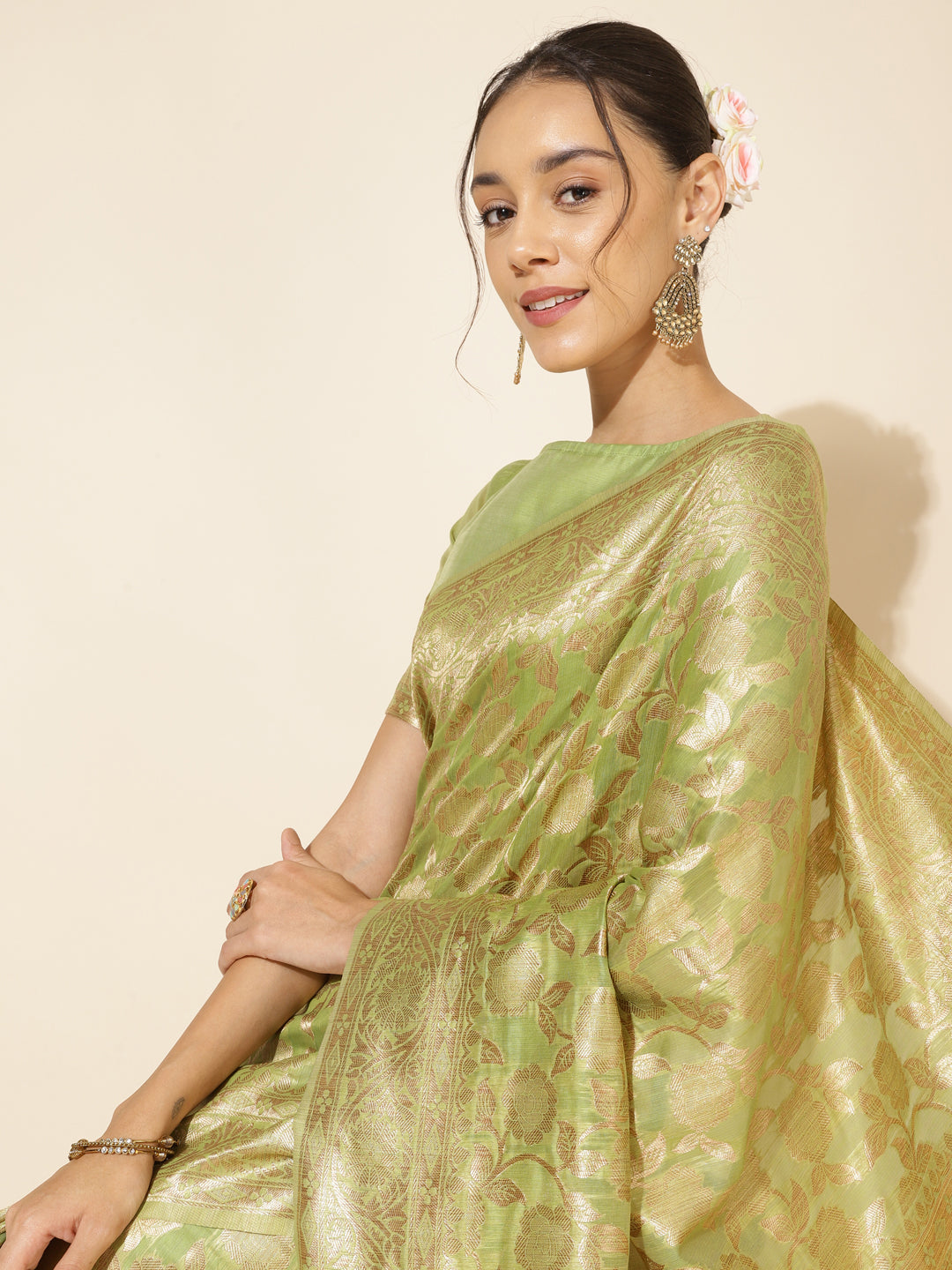 Janasya Light Green Chanderi Silk Floral Woven Design Grab2Buy 
