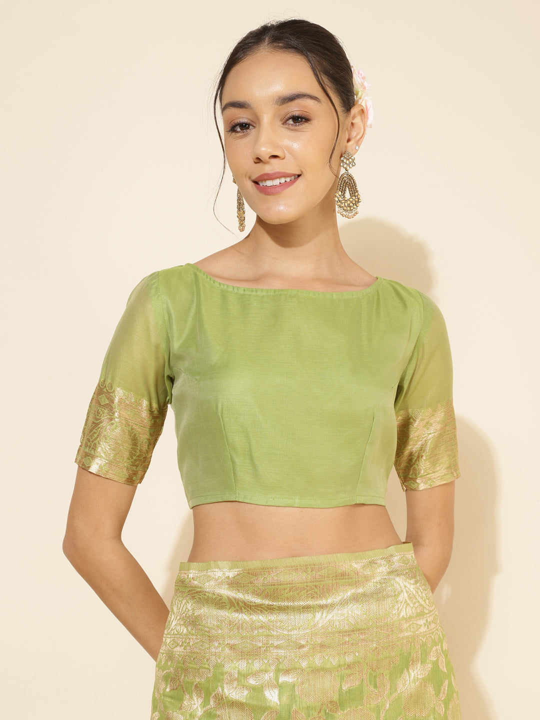 Janasya Light Green Chanderi Silk Floral Woven Design Grab2Buy 