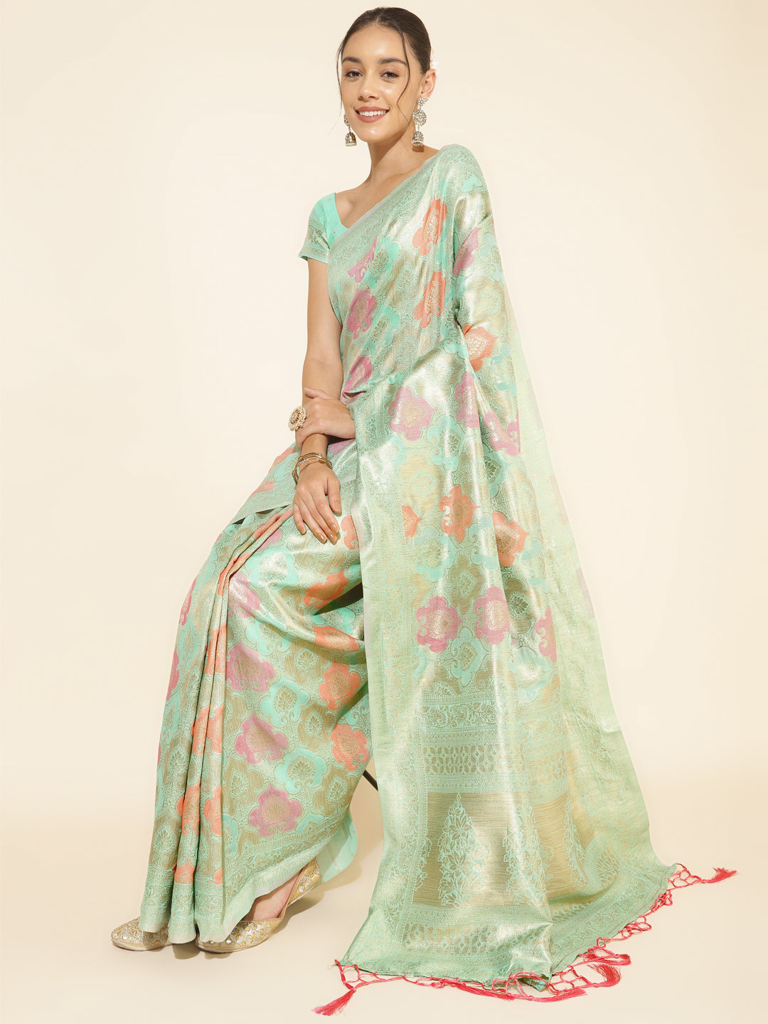 Janasya Sea Green Chanderi Silk Ethnic Motifs Woven Design Grab2Buy 