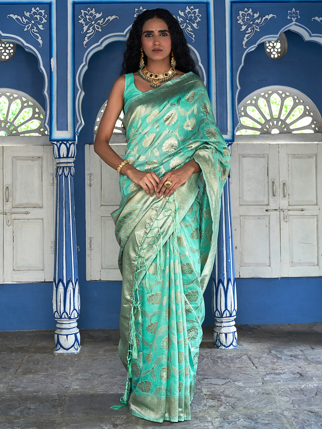 Janasya Sea Green Chanderi Silk Floral Woven Design Grab2Buy 