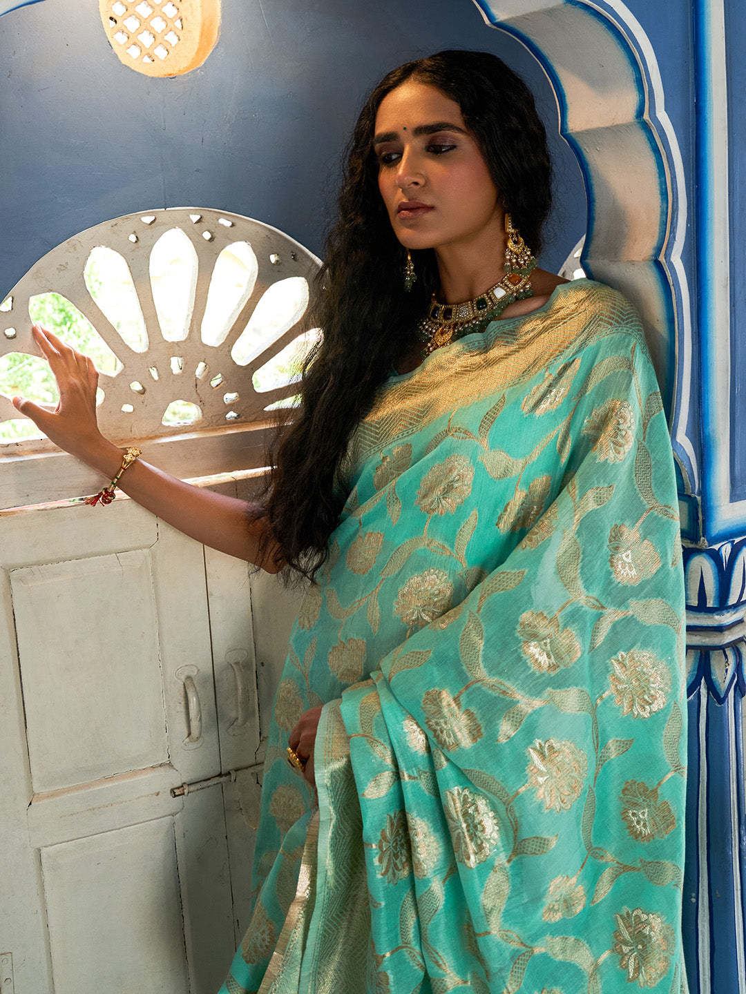 Janasya Sea Green Chanderi Silk Floral Woven Design Grab2Buy 