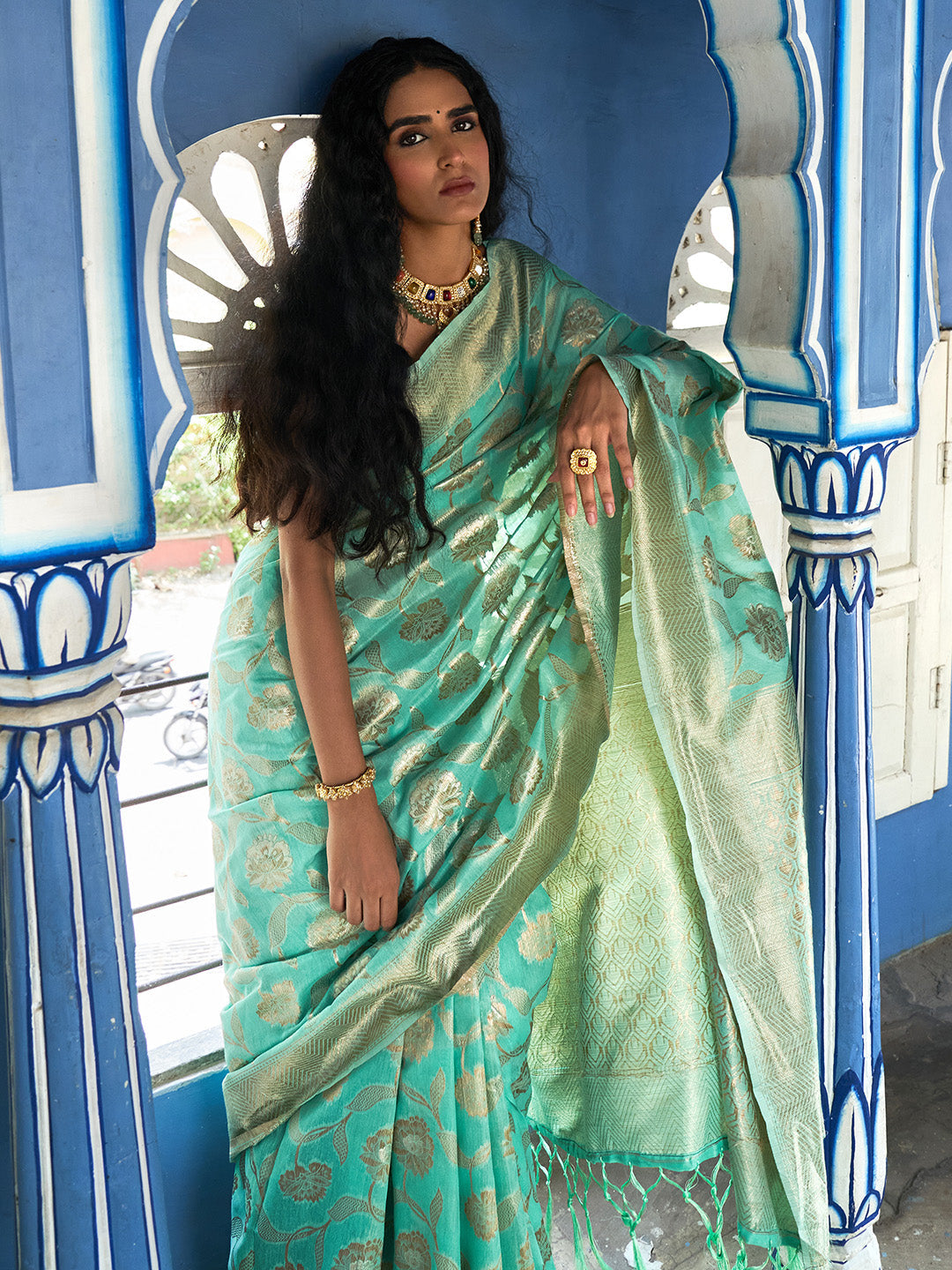 Janasya Sea Green Chanderi Silk Floral Woven Design Grab2Buy 
