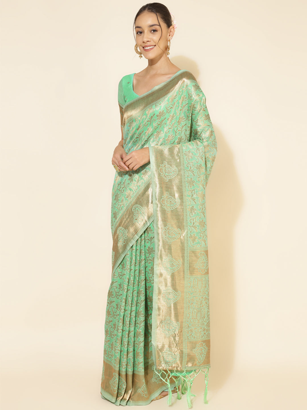 Janasya Light Green Chanderi Silk Floral Woven Design Grab2Buy 