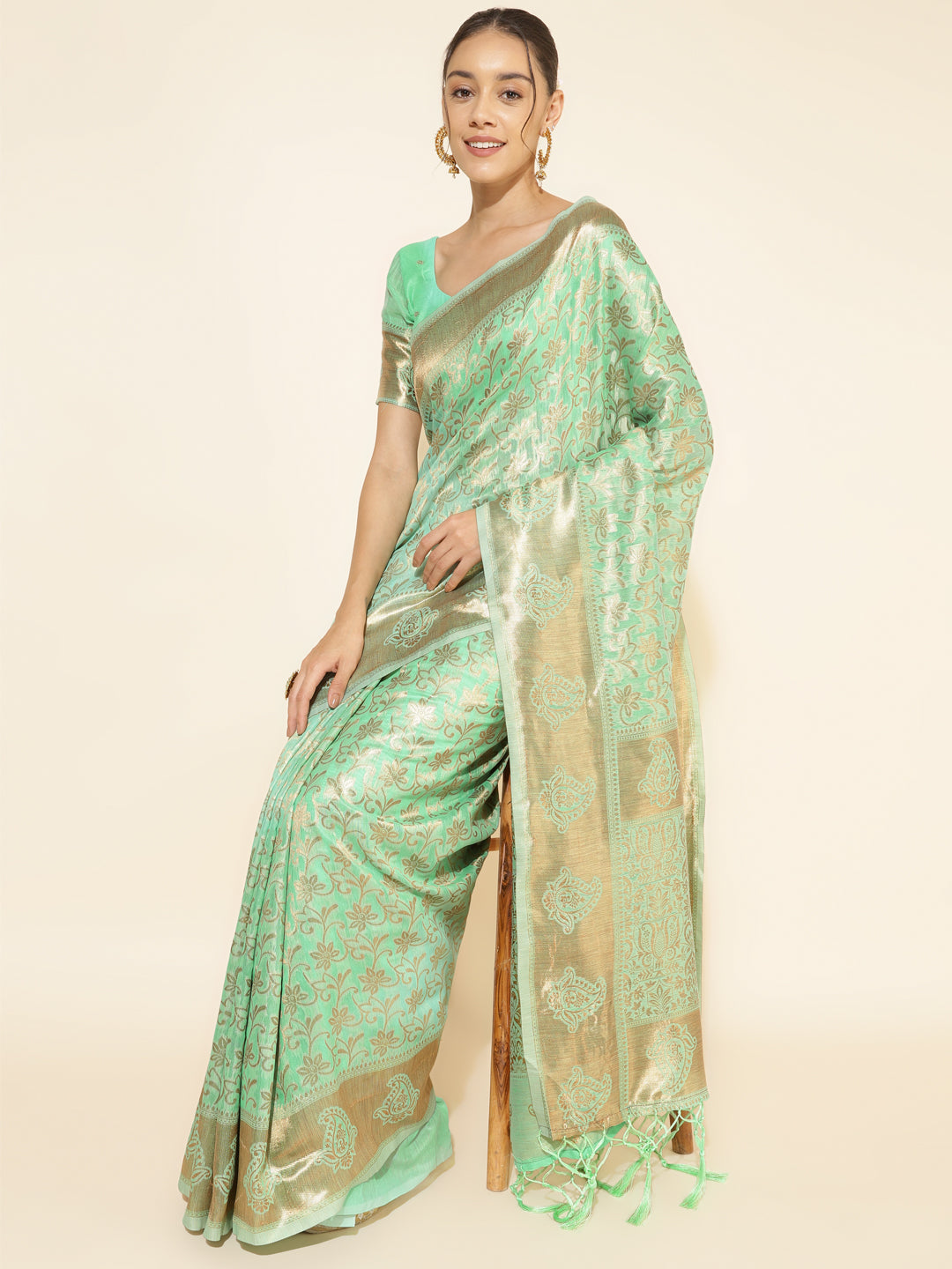 Janasya Light Green Chanderi Silk Floral Woven Design Grab2Buy 