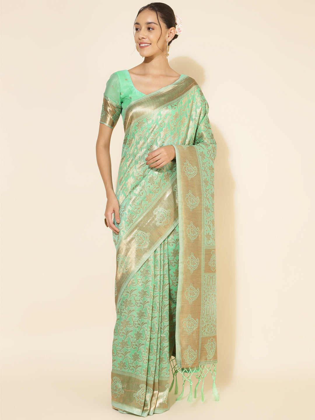 Janasya Light Green Chanderi Silk Floral Woven Design Grab2Buy 