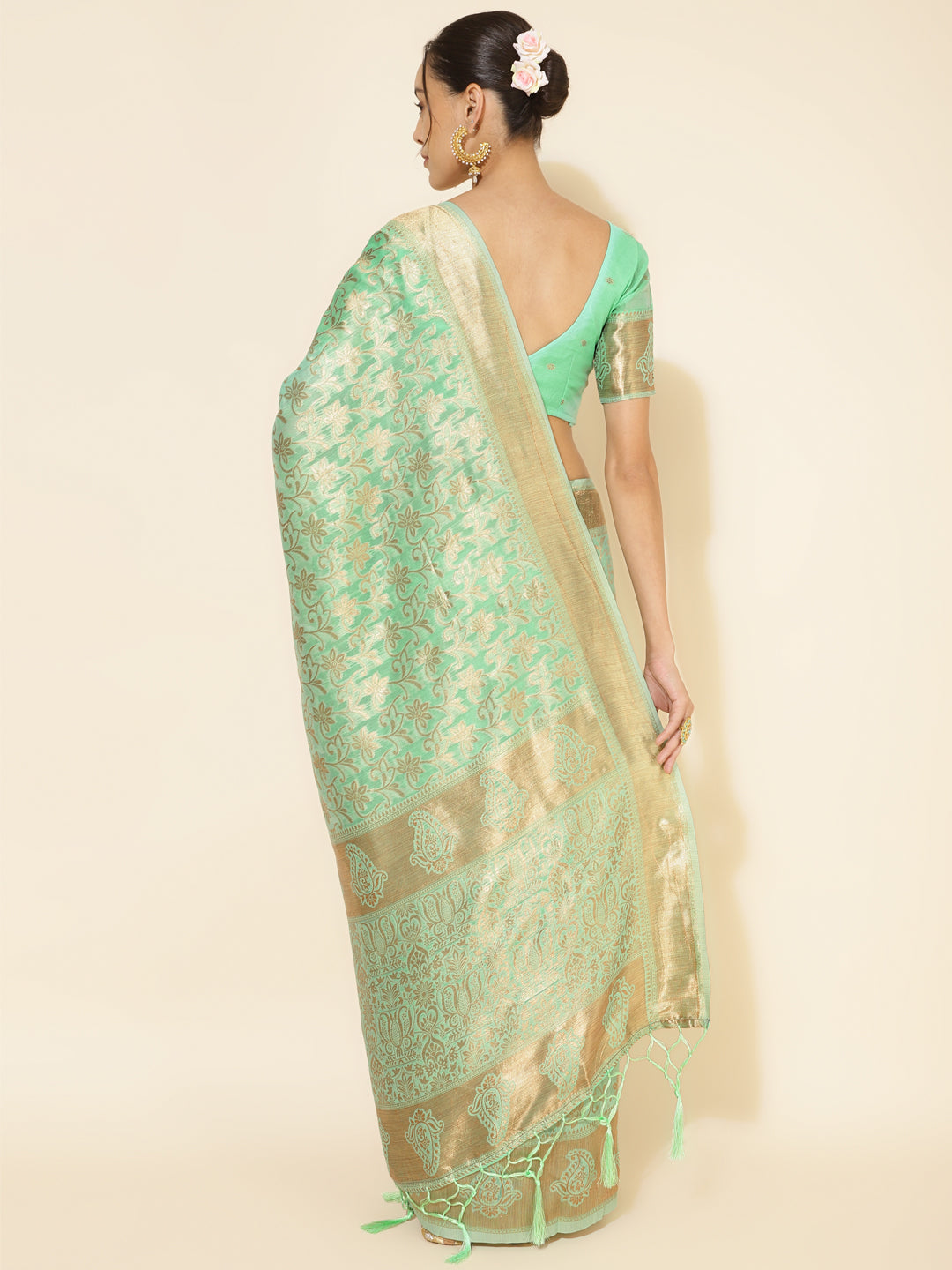 Janasya Light Green Chanderi Silk Floral Woven Design Grab2Buy 