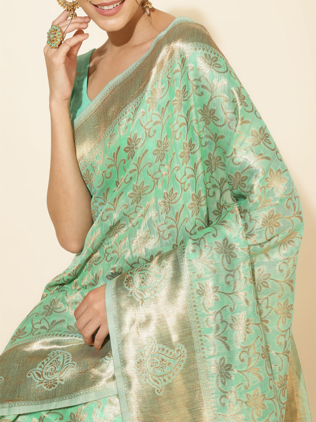 Janasya Light Green Chanderi Silk Floral Woven Design Grab2Buy 