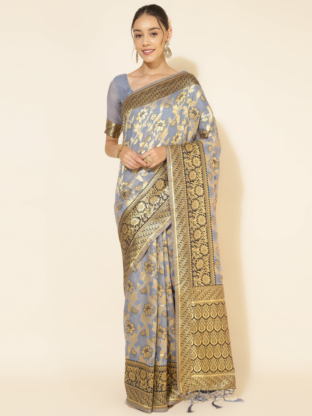 Janasya Grey Chanderi Silk Floral Woven Design Grab2Buy 