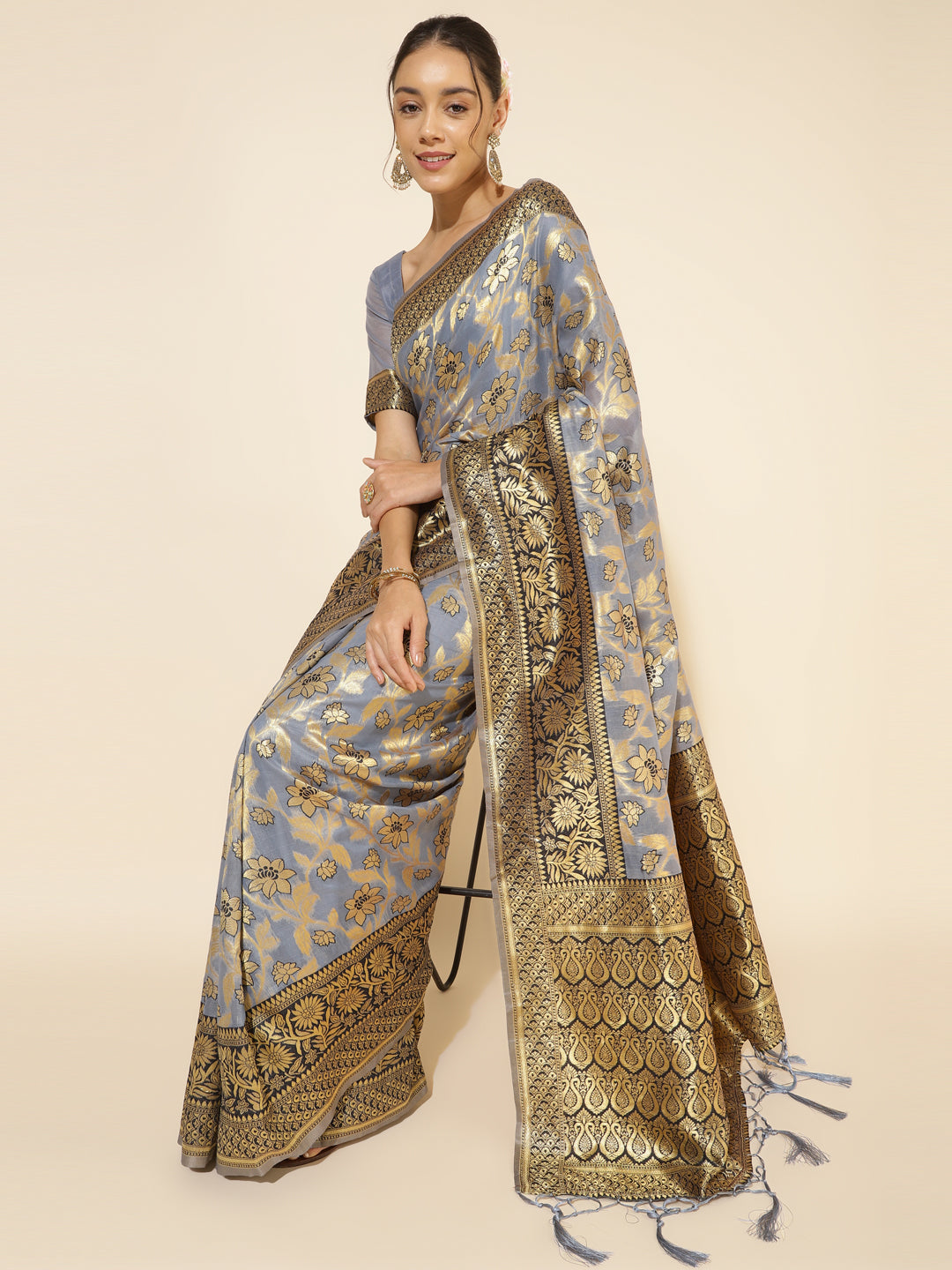 Janasya Grey Chanderi Silk Floral Woven Design Grab2Buy 