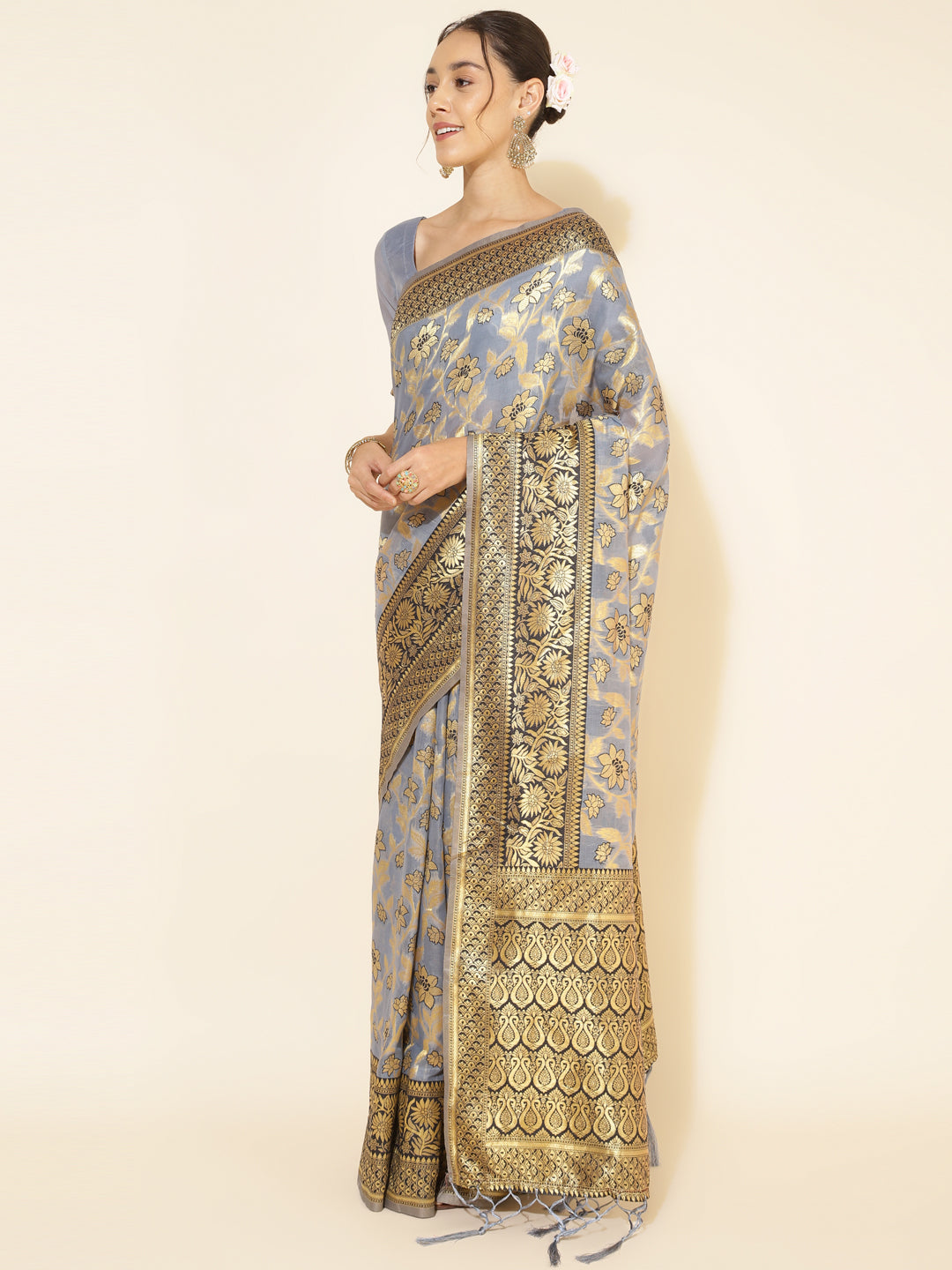 Janasya Grey Chanderi Silk Floral Woven Design Grab2Buy 
