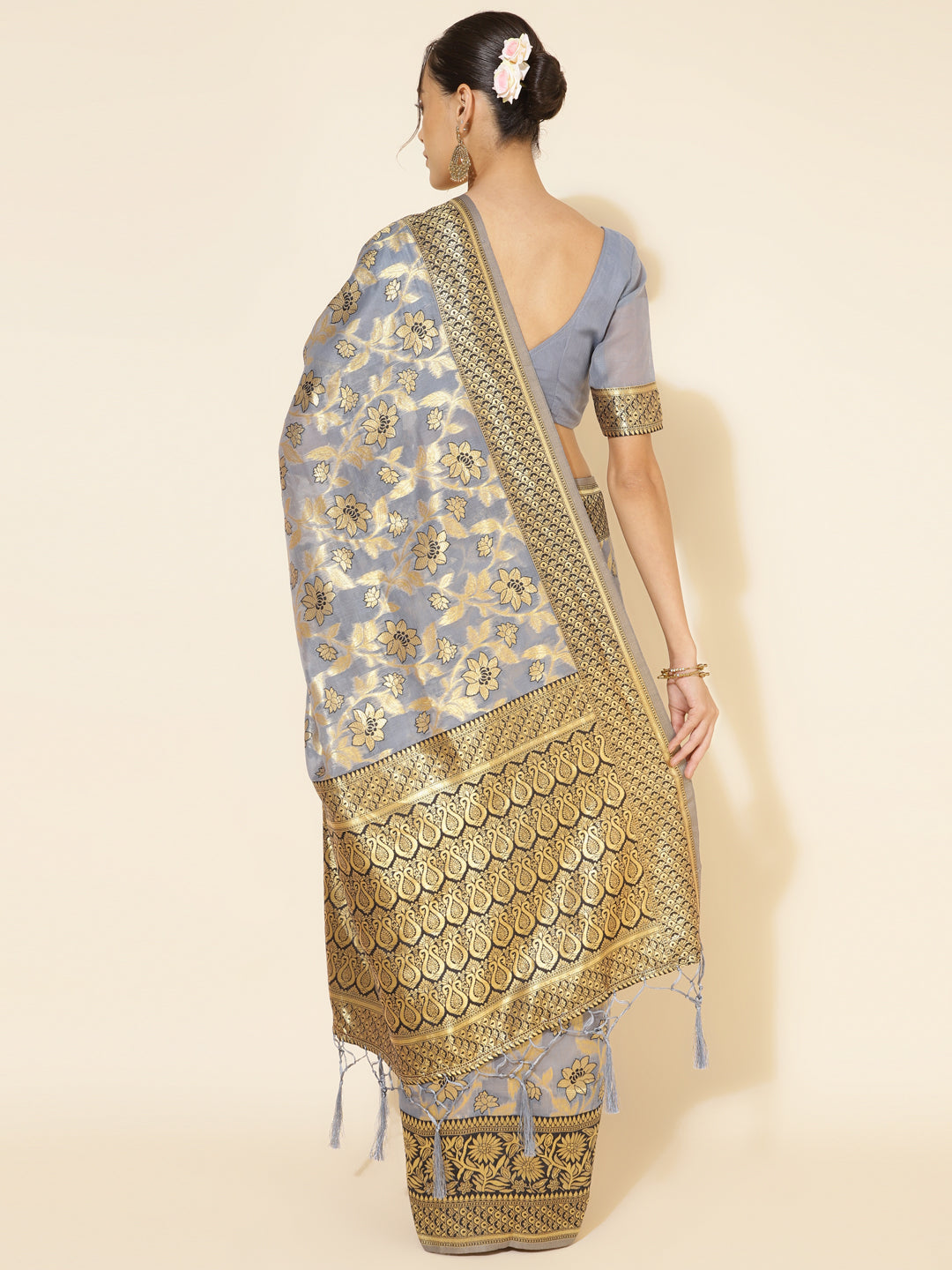 Janasya Grey Chanderi Silk Floral Woven Design Grab2Buy 