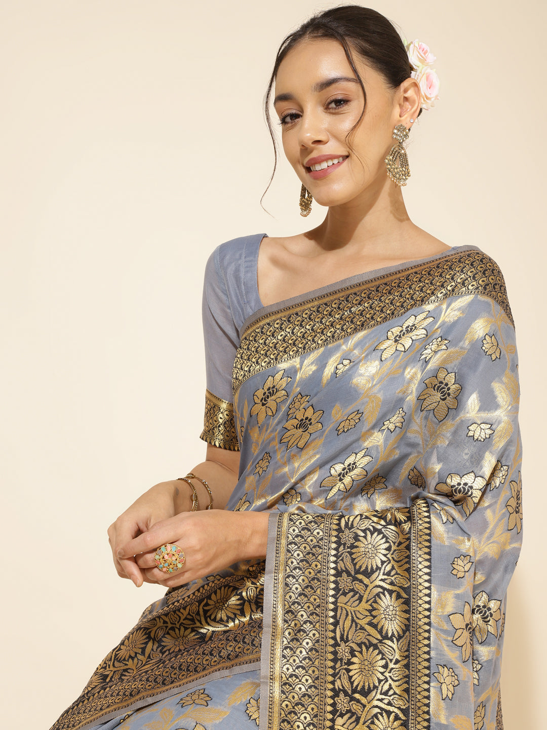 Janasya Grey Chanderi Silk Floral Woven Design Grab2Buy 